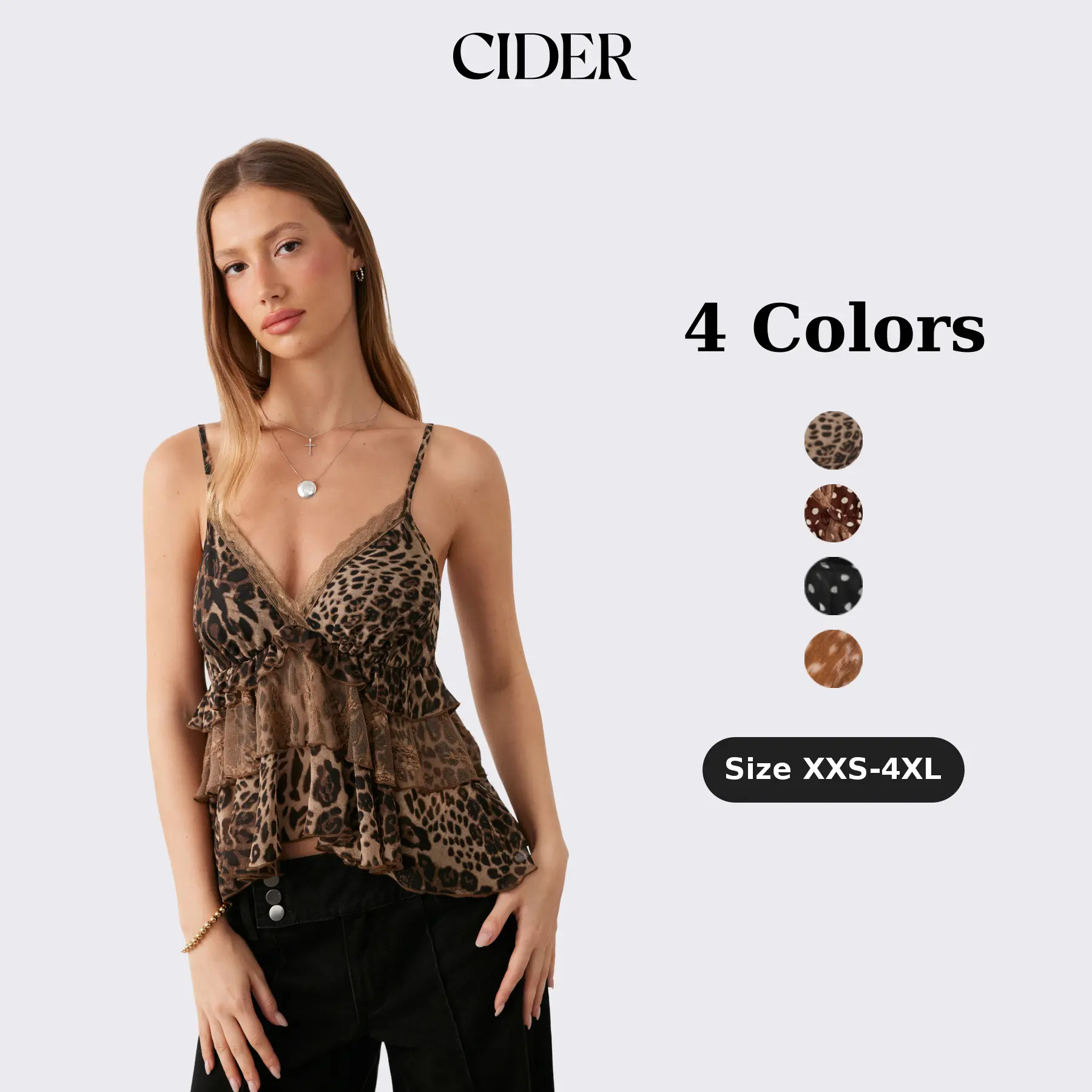 Cider Chiffon Leopard V-neck Lace Trim Cami Top Classy Elegant Sleeveless Top Cider Chiffon Leopard V-neck Lace Trim Cami Top Classy Elegant Sleeveless Top