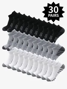 30-Pack Value Bundle: Men's and Women's Sports Socks—Ankle Socks, Mid-Calf Socks, Knee-High Socks, and Sports Socks. Black, White, and Gray Low-Cut Ankle Socks. Breathable, Durable Striped Everyday Sports Socks Set