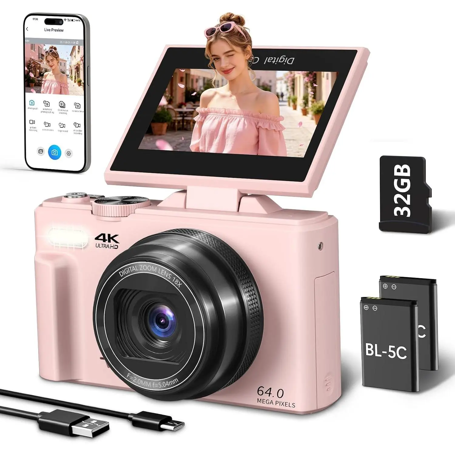 4K Digital Camera for Photography, 64MP Vlogging Camera for YouTube with 3" 180° Flip Screen, WiFi Compact Camera with 18X Digital Zoom, Comes with 32GB  SD Card & 2 ,
