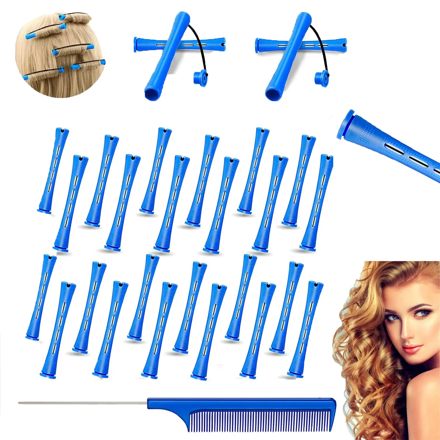 24Pcs Plastic Cold Wave Hair Perm Rods Heatless Curling Rollers with Steel Rat Tail Pintail Comb, Ventilated Non-Slip Perm Curlers for Salon Home DIY Wavy Curly Hair Styling Supplies