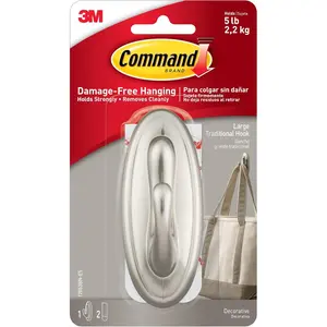Command 5 lb Large Brushed Nickel Color Hook, 1 Hook and 2 Command Strips, Damage-Free Coat Hooks with Adhesive Strips, Traditional Hooks for Hanging Home Decor and Room Decor