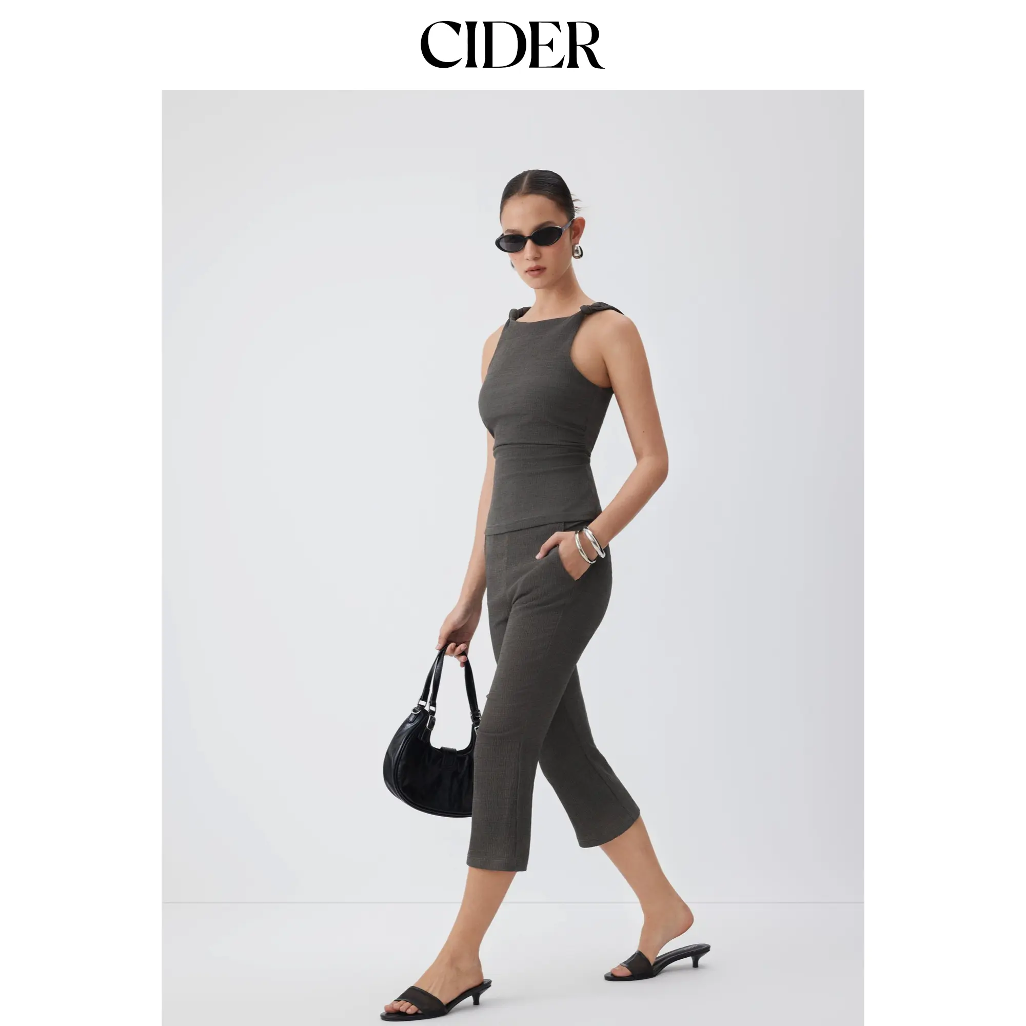 Cider Textured Boat Neck Knotted Ruched Top & Mid Rise Capri Pants Set SohoChic
