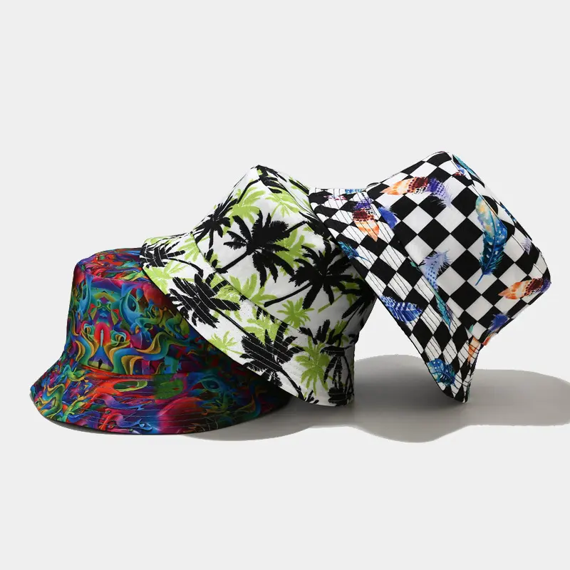 Fashion Clothes Accessory Cotton Foldable Hawaiian Palm Tree Bucket Hat - Tie Dye Checkerboard Printed, Female Fisherman Bonnet, Summer Sun Beach Cap for Trendy Festival Vacation Outdoors, Women's Fashion, Plain
