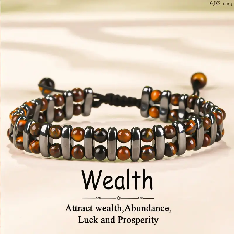 Men Double Row Hematite Tiger Eye Bracelet, Adjustable Braided Wealth Bracelet, Natural Stone / Glass Bead Lucky Bracelet Attract Money Prosperity Abundance Spiritual Jewelry for Guys