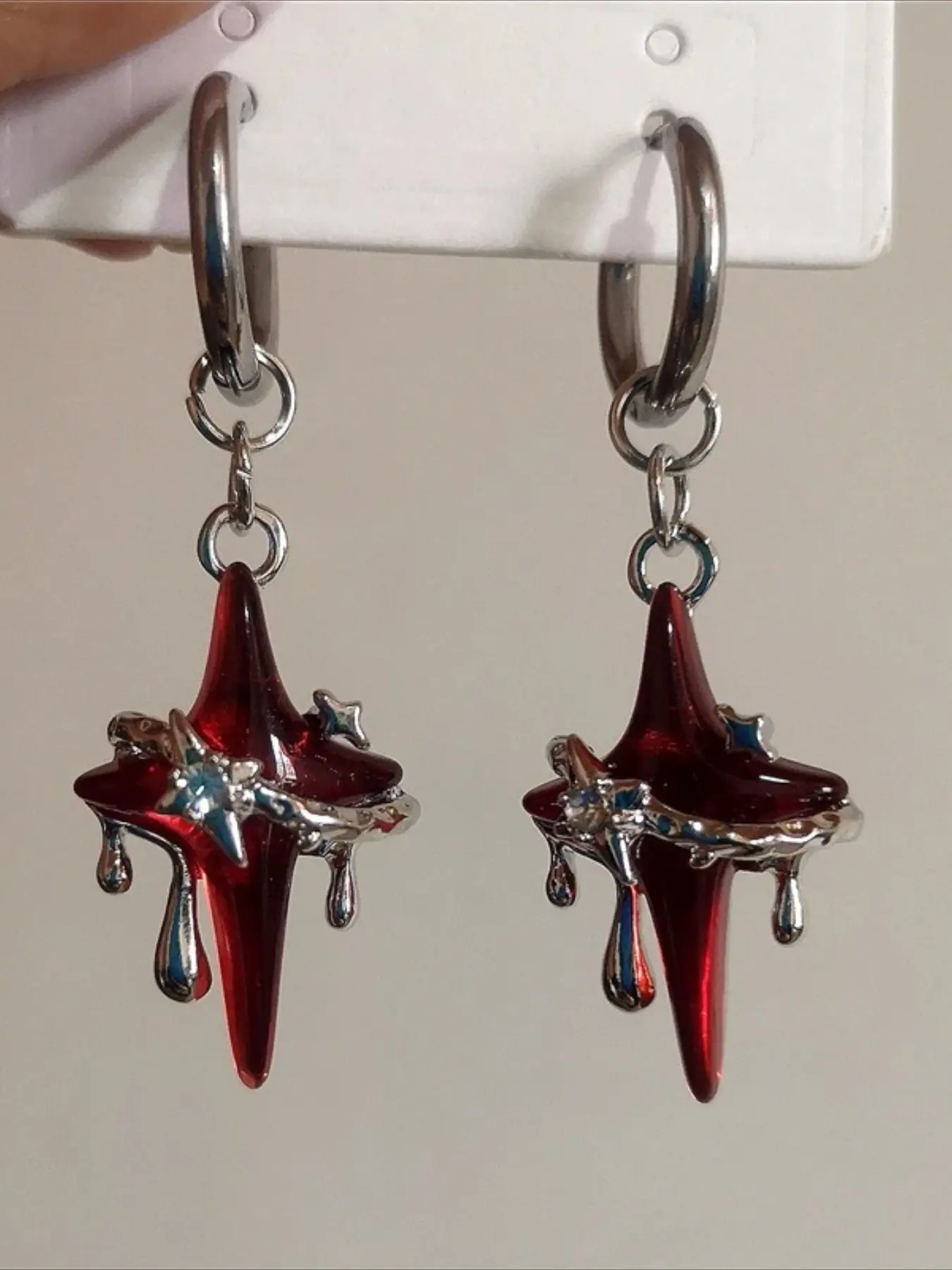 1 Pair Gothic Trendy Dark Red Cross & Star Pendant Drop Dangle Earrings, New European American Grunge Punk Y2K Jewelry Accessories for Men and Women