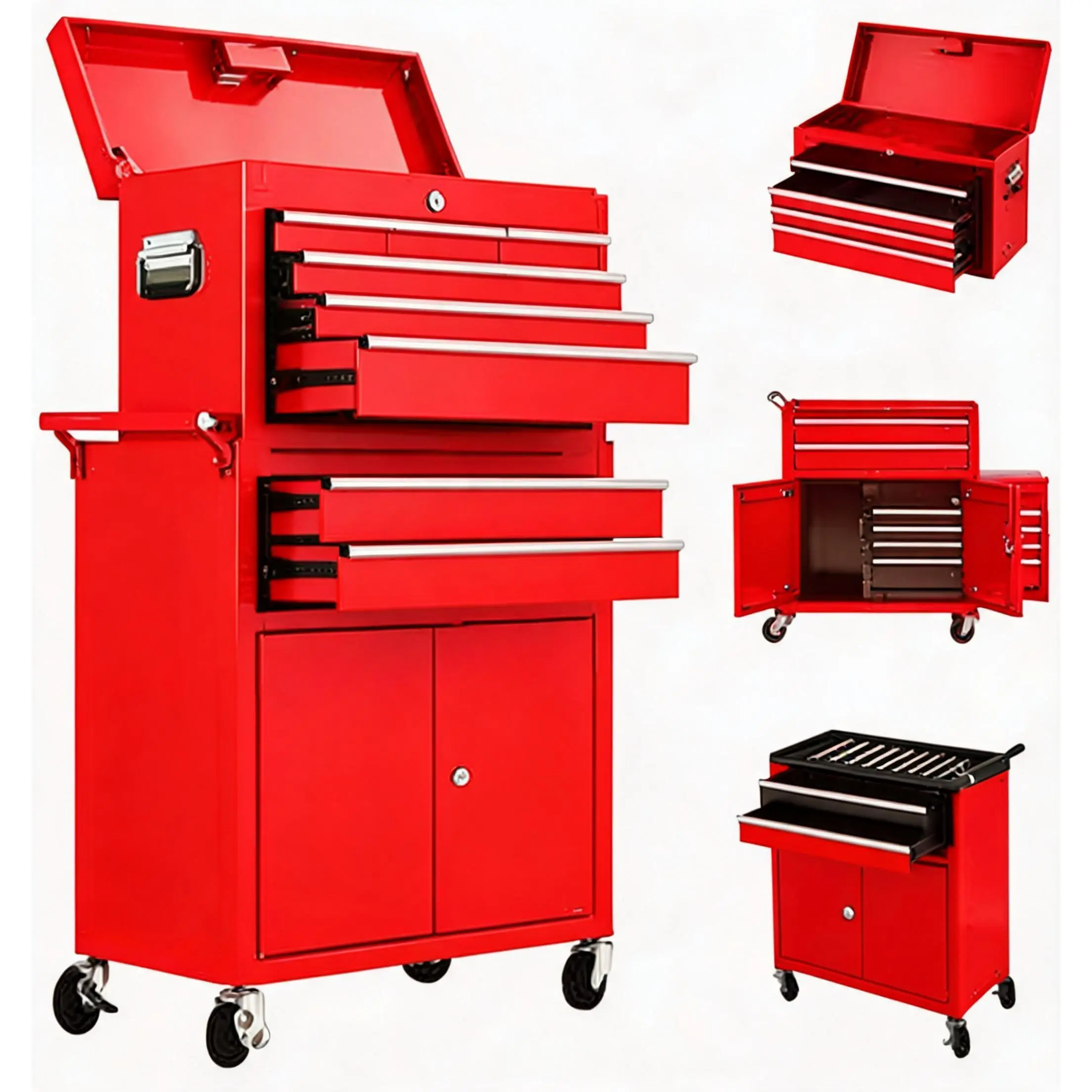 Rolling Tool Chest, Metal Tool Chest with 8-Drawers Tool Box Organizer and Wheels, 2 In 1 Detachable Tool Cabinet, Metal Tool Cart with Sliding Drawers, Liners and Locking System for Garage Workshop