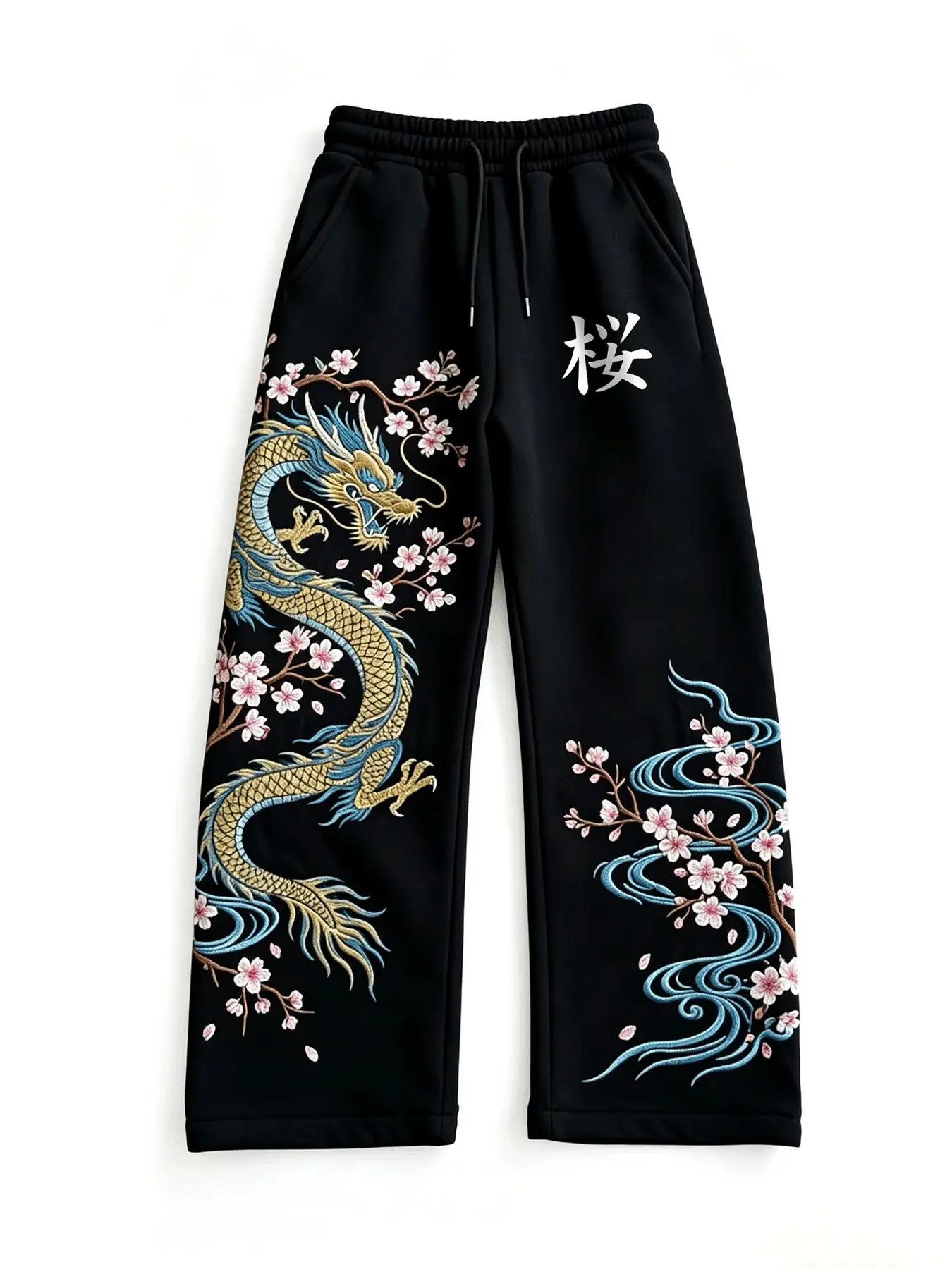 Black Wide‑Leg Sweatpants Men, 3D Embroidery Golden Dragon With Cherry Blossom Floral & Wave Pattern, Japanese Kanji Print Elastic Drawstring Waist Hip‑Hop Streetwear Jogger