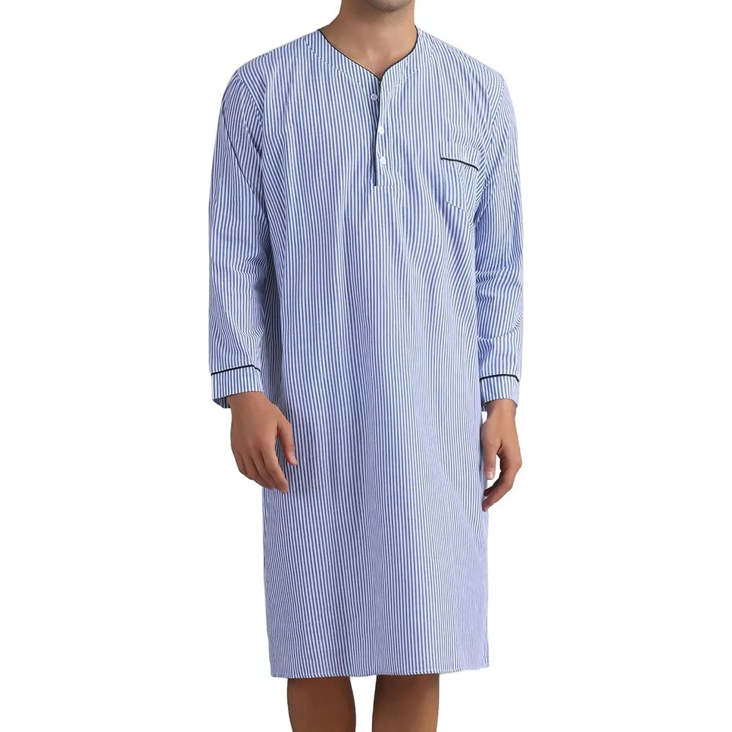 Stripe Nightgown for Men's Long Sleeved Button-Down Sleepwear Lounging Nightshirt