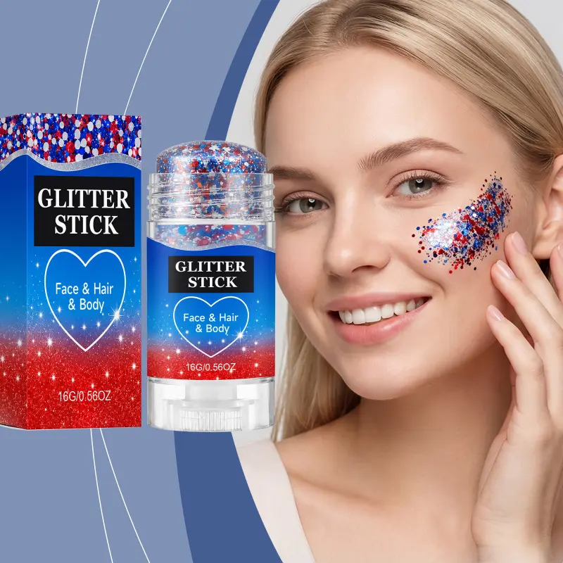 Red White Blue 3 In 1 Chunky Glitter Stick, Long Lasting Cream Glitter for Face Hair Body, Smooth Non-Caking Festival Party Makeup Glitter, Portable Travel Size 16g