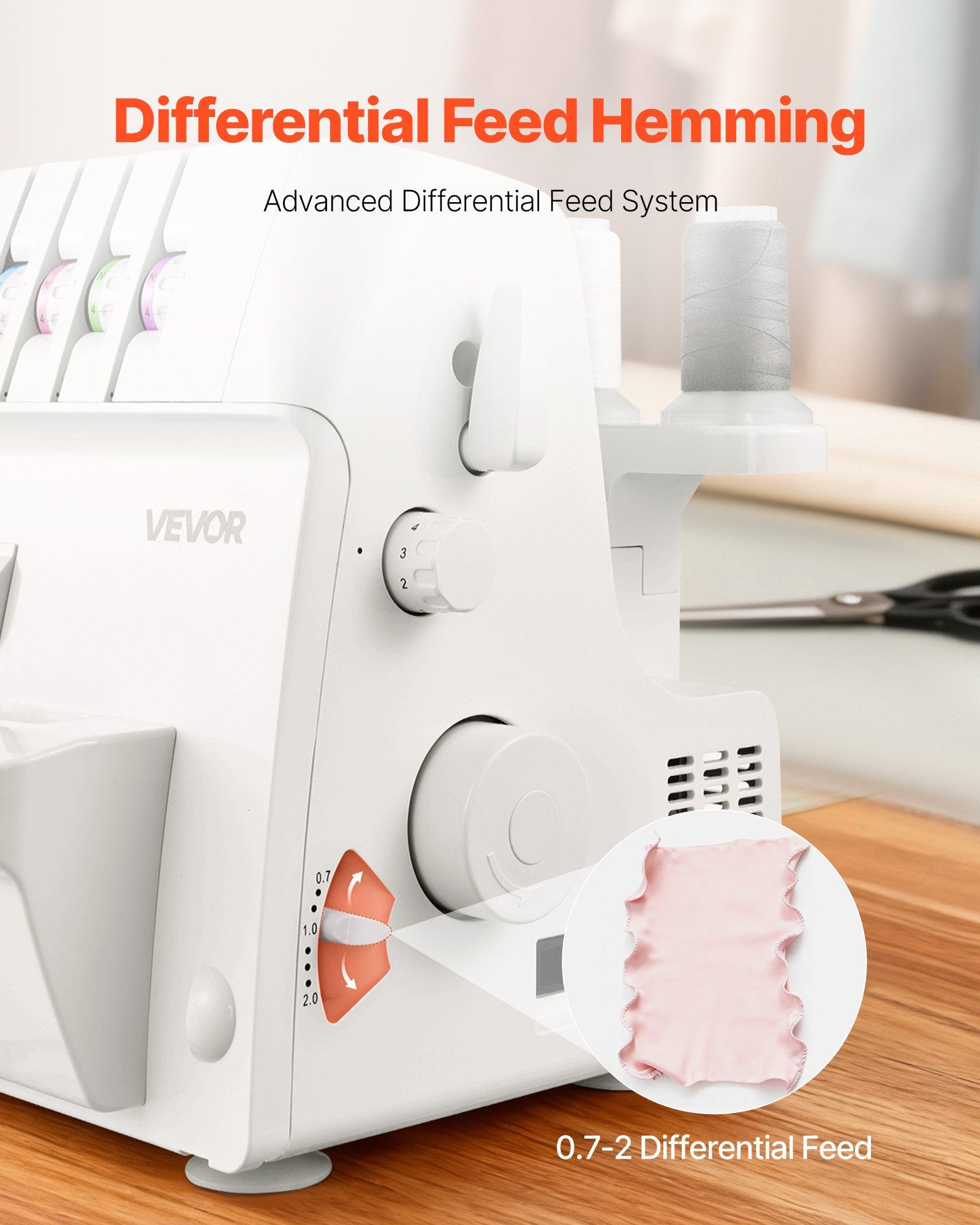 VEVOR Serger Overlock Sewing Machine, 1250 Stitches Per Minute, 2-3-4 Thread Capability, 0.7-2 Adjustable Differential Feed, with Free Arm and LED Light, Sewing Machine for Various Fabrics, White VEVOR Serger Overlock Sewing Machine, 1250 Stitches Per Minute, 2-3-4 Thread Capability, 0.7-2 Adjustable Differential Feed, with Free Arm and LED Light, Sewing Machine for Various Fabrics, White