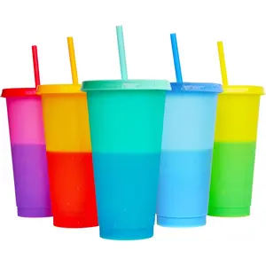 Color Changing Cups, 5 Pack 24oz Plastic Tumblers, Reusable Iced Coffee & Smoothie Cups with Lids and Straws for Parties and TravelGift