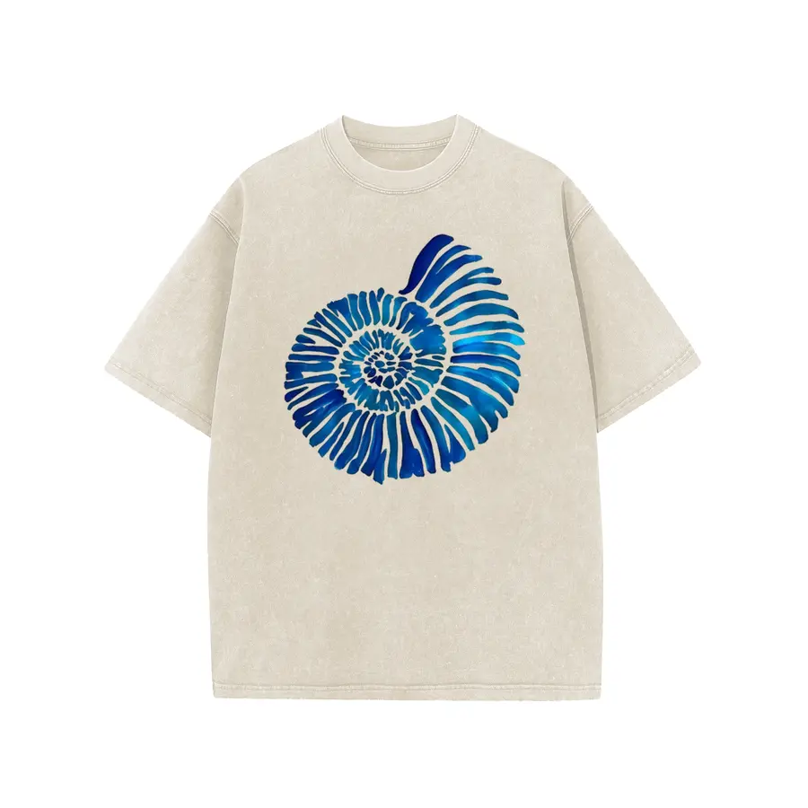 Everyday Cotton Tees With Gradient Blue Ocean Spiral Seashell Minimalist Print, Relaxed Vintage Wash Cut, Trendy Casual Shirts for Coastal Cafe Hangouts