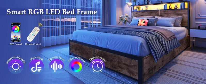 Queen Bed Frame with 2-Tier Storage Headboard, Metal Platform Bed Frame with 4 Storage Drawers, Built in Charging Station & LED, Noise-Free/Metal Support/No Box Spring Needed, Vintage Brown