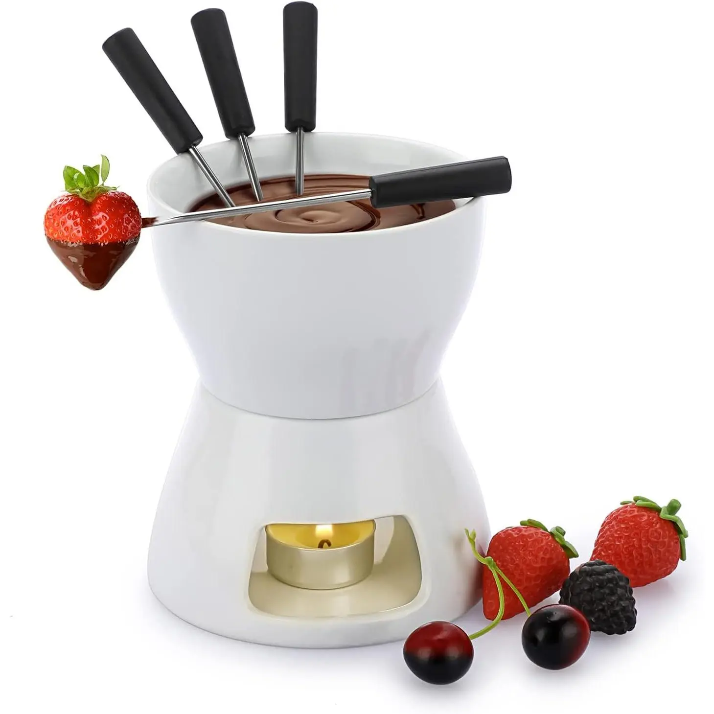 400ML Ceramic Butter Warmer Set with 4 Forks, Fondue Pot Melting Pot Set, Melt Hot Pot Bowl Set For Cheese Chocolate Butter Caramel