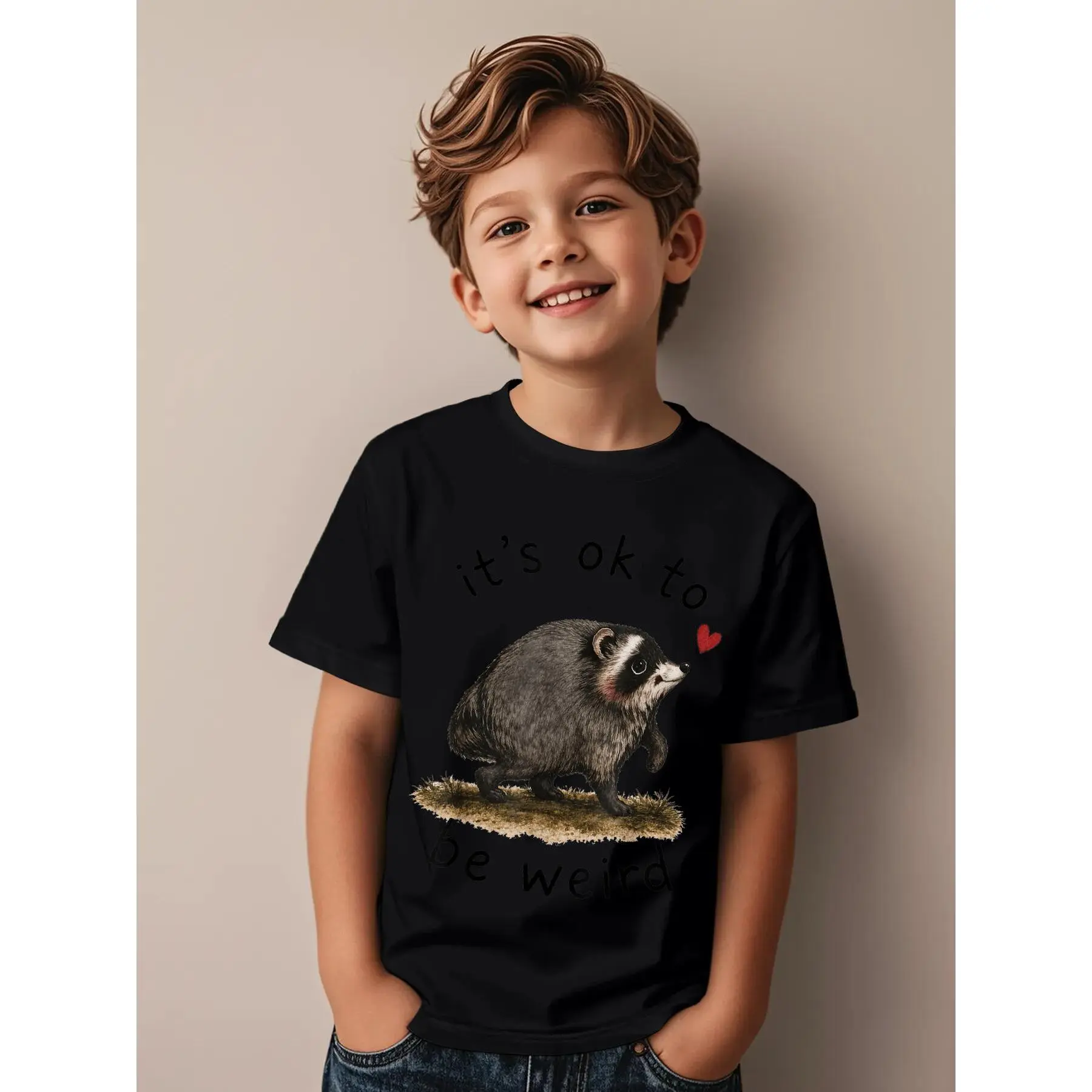 It's Ok to Be Weird, Jimothy Raccoon Trend Funny Aesthetic Graphic Kid T-Shirt Popular Kid T Shirts Streetwear Tops Tees for Kid