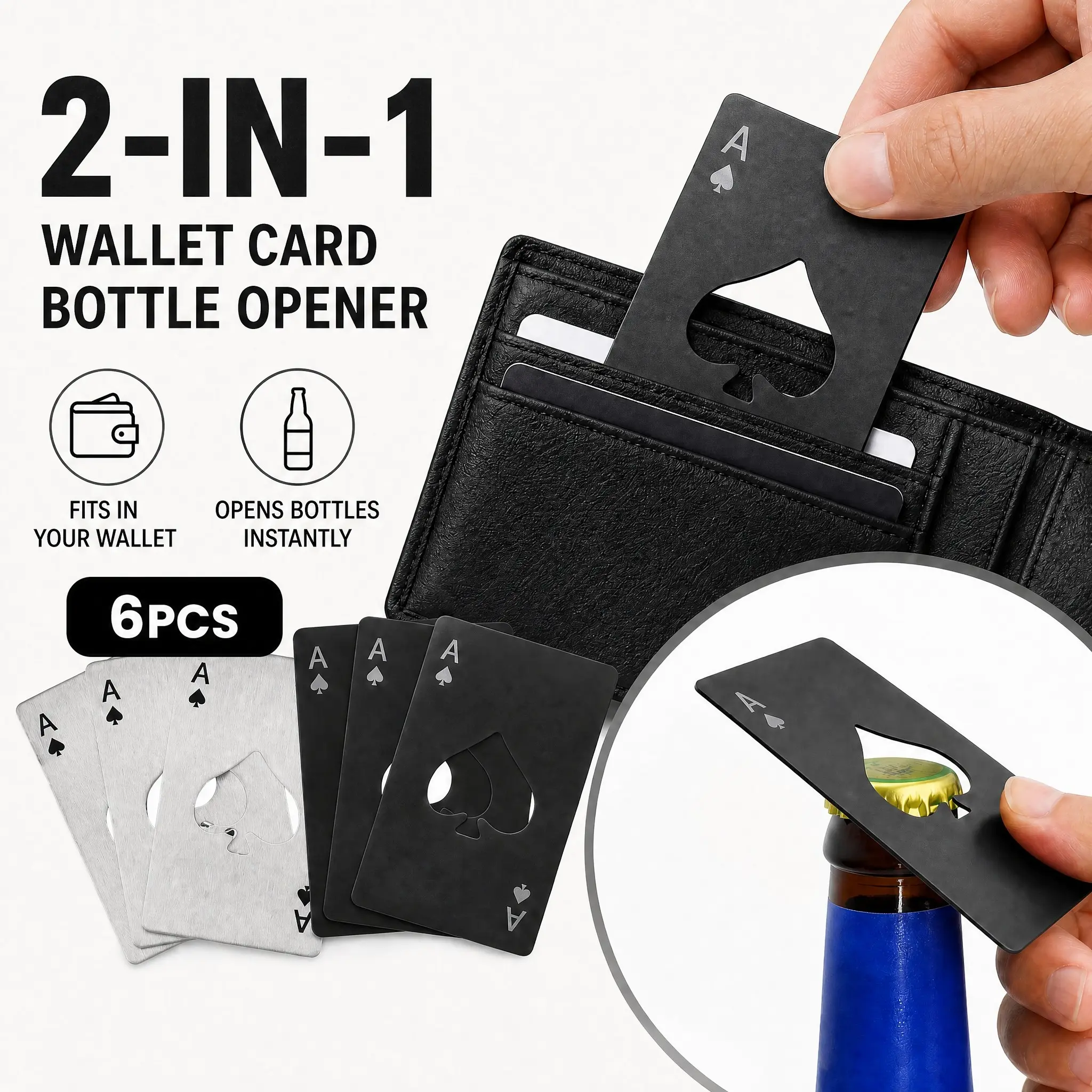 Ace Wallet Card Bottle Opener Set 6 Pieces, Men's Pocket Edc Carry-On, Ultra-Thin Credit Card Beer Opener, Model A8