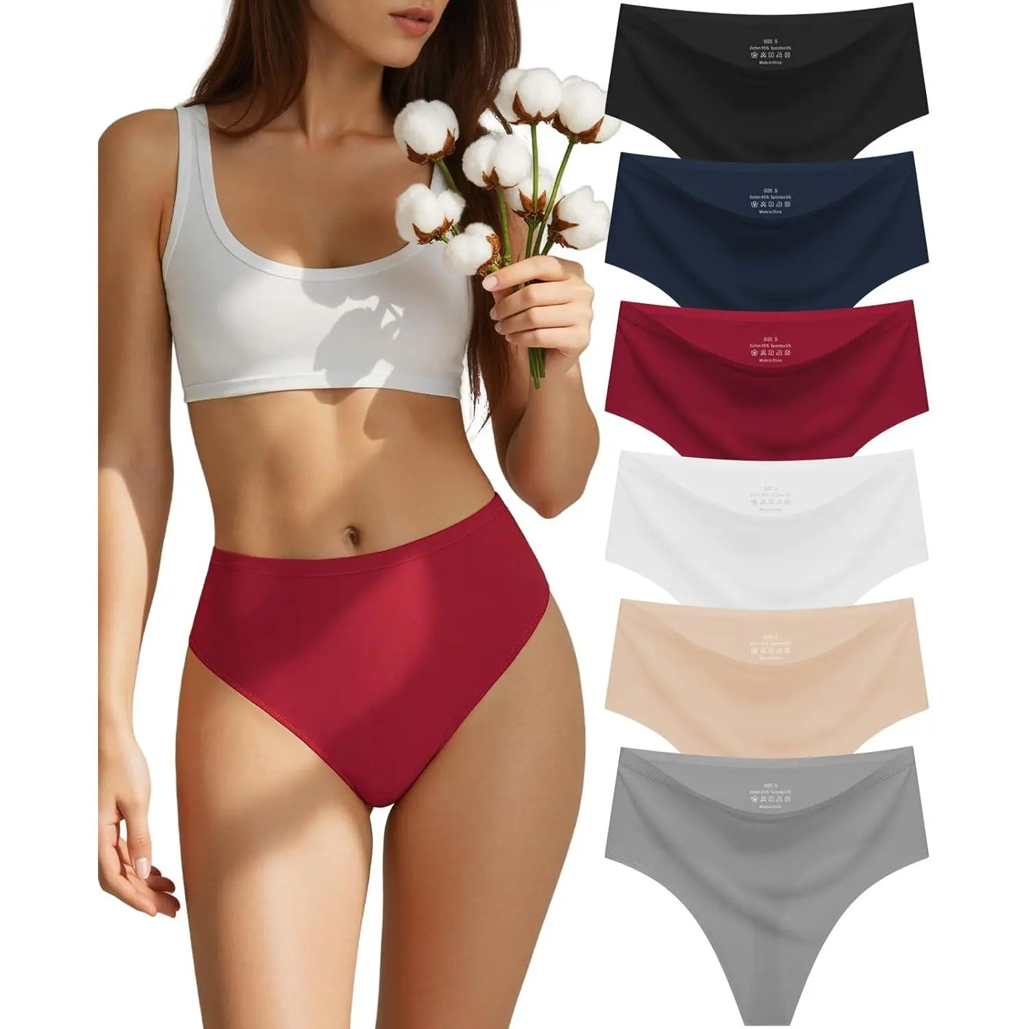 Women's High-Waisted Seamless Cotton Thong Panties - Soft, Breathable, Invisible Edge, Short Length, No-Show Stretch Underwear (6-Pack)