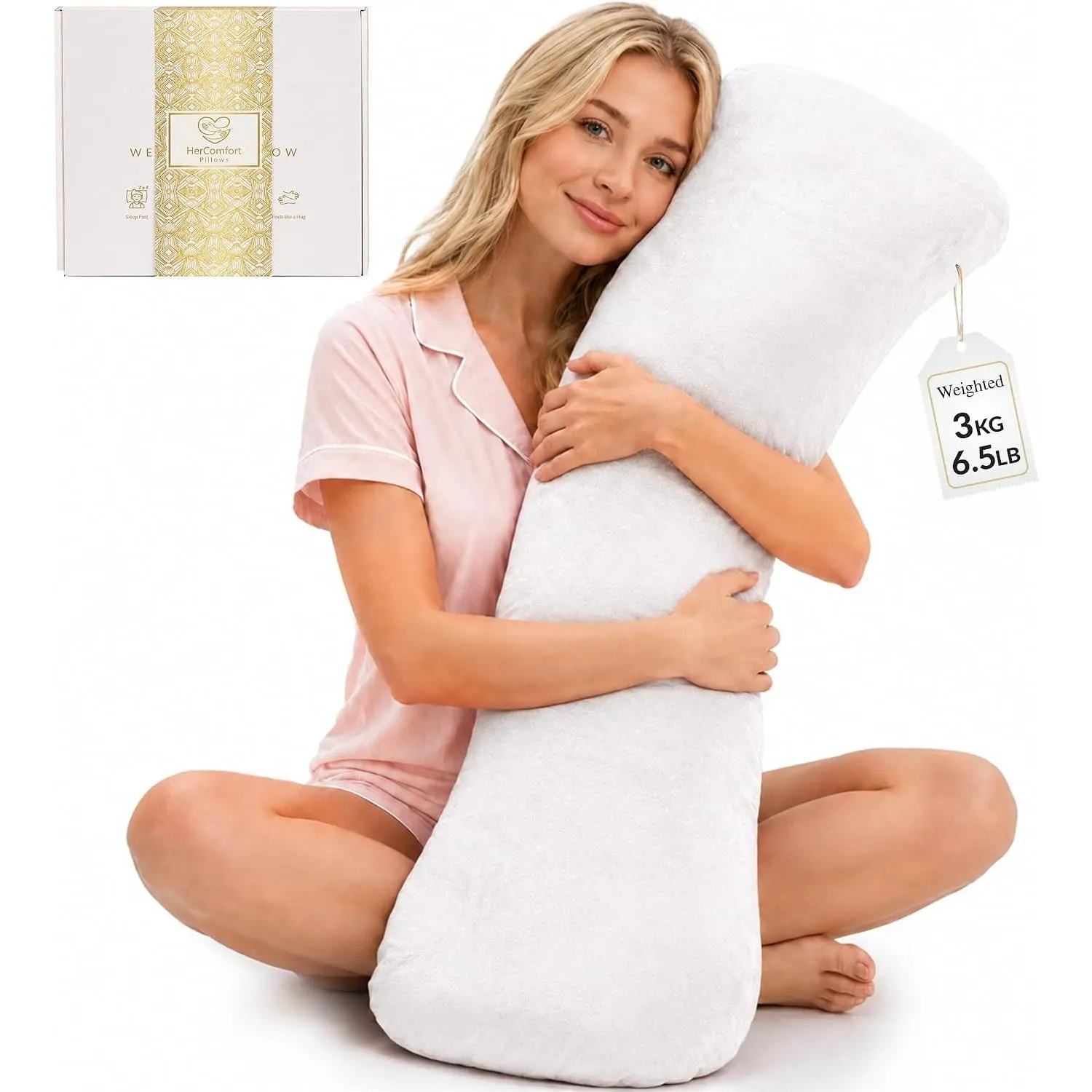 HerComfort Pillows Weighted Pillow for Adults 6.5lbs| 41" x 12"| Sleep & Feel Calm| Weighted Body Pillow for Stress Relief| Sleeping Hugging Pillows for Adults| Gift| Side Sleeping