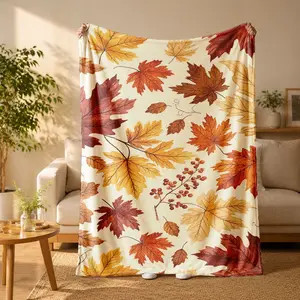 Autumn Maple Leaf and Berry Print Flannel Blanket - Suitable for all seasons, soft, lightweight and breathable, for bedroom, seasonal and holiday decorations - Perfect for beds, sofas, offices, camping and travel