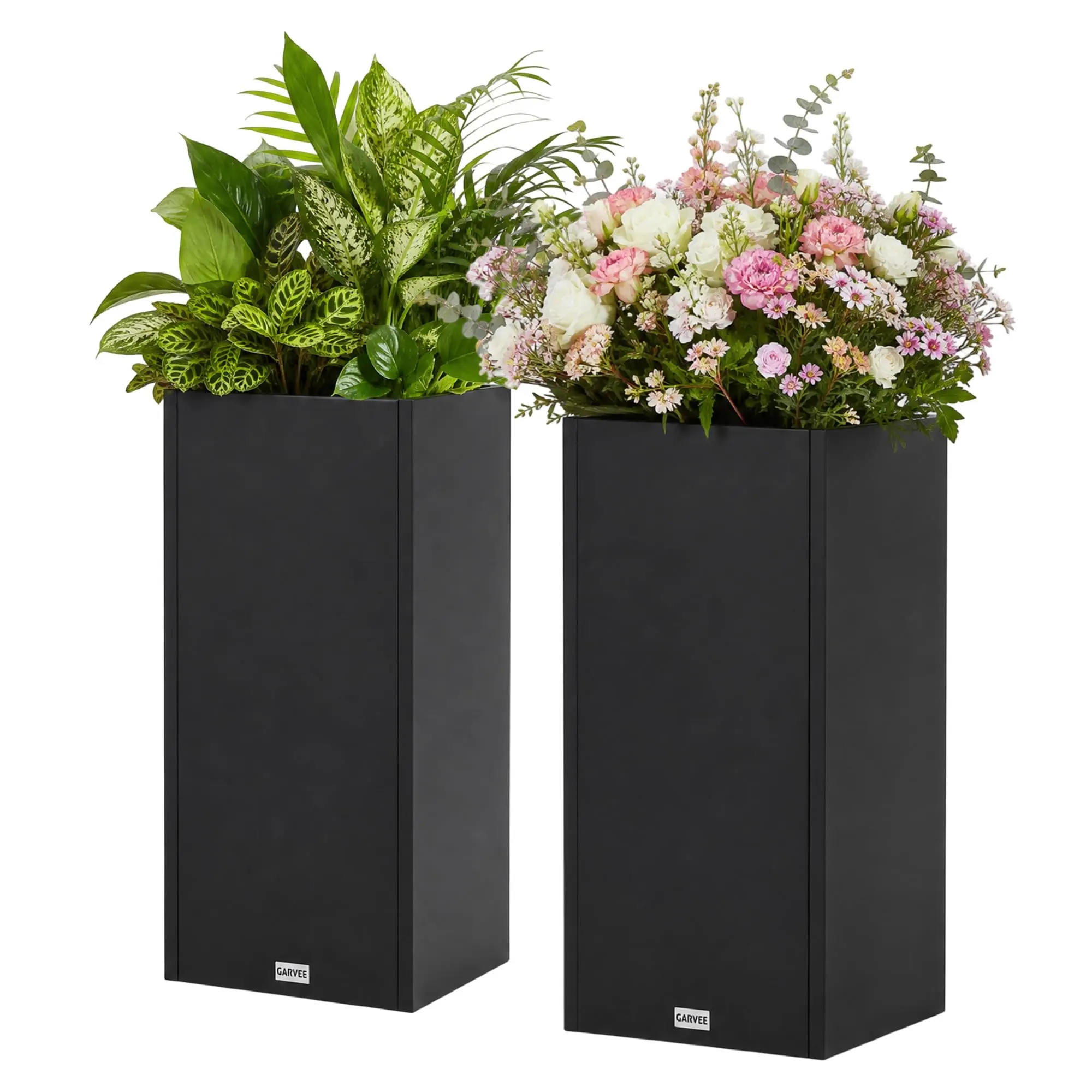 Heavy-Duty Tall Metal Planter Boxes - Rectangular Outdoor Floor Planters with Adjustable Divider & Double-Layer Insert - Black Iron