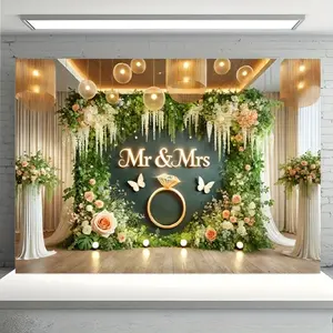 Mr & Mrs Wedding Backdrop Romantic Floral Style Tapestry Wall Hanging, Wedding Photography Background, Premium Polyester Decorative Banner for Reception Venue, Photo Booth, Ceremony Decor, Indoor Outdoor Celebration