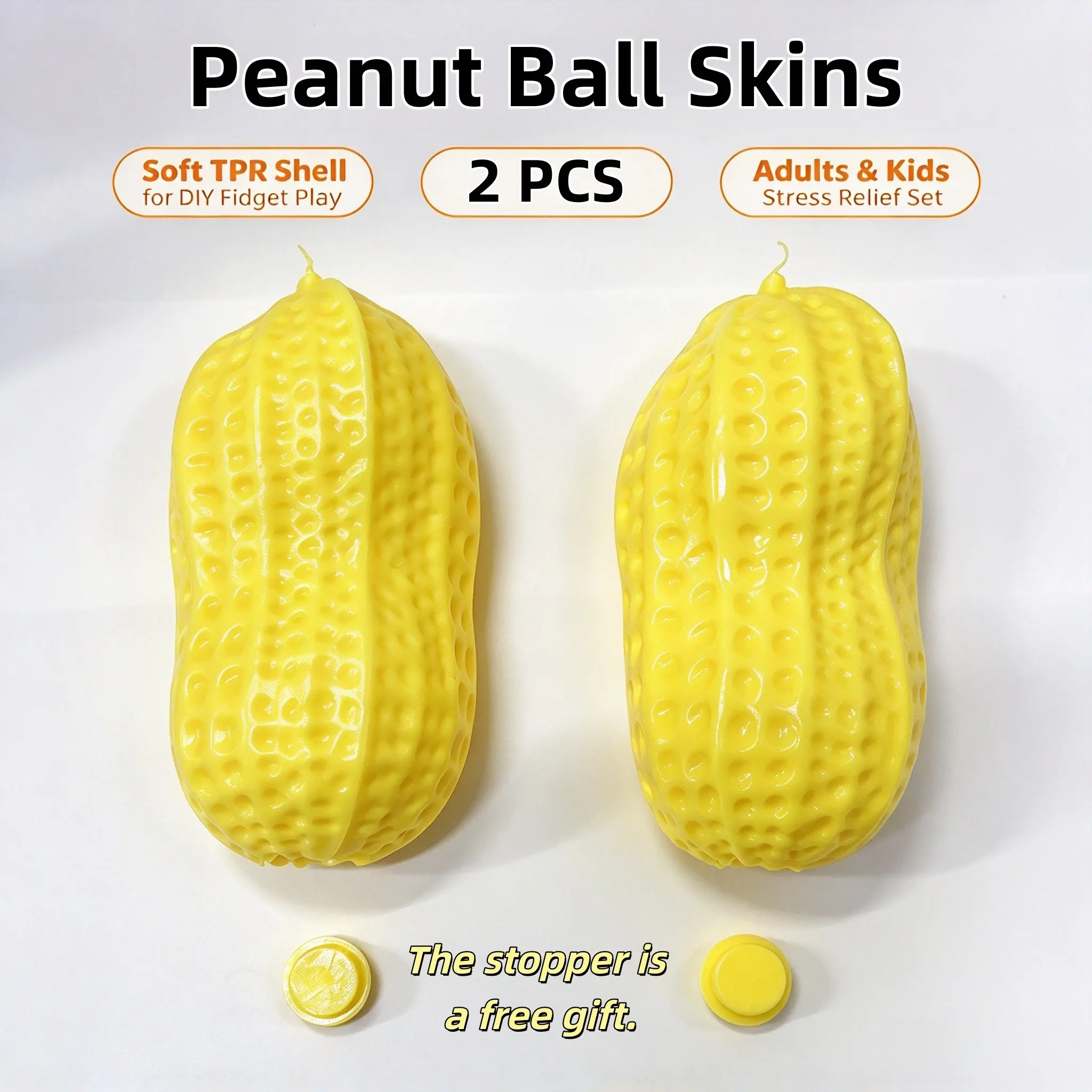2Pcs Peanut Dumpling Ball Skin, 11cm Yellow Stretchable TPR Peanut Rubber Shell, With Plug, DIY  Peanut Squeeze Toy Cover, Handmade Crinkle Sound Stress Relief Toy Supplies, Sensory Fidget Toy Kit for Kids & Adults
