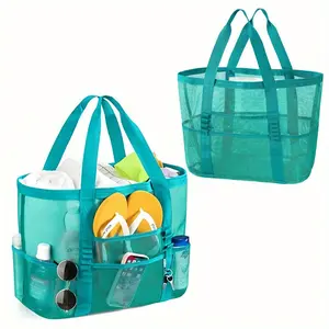 Large Beach Bags Sandproof Mesh Beach Pool Travel Storage Tote Bag with Multiple Pockets for Family Beach Bag for Vacation Essentials