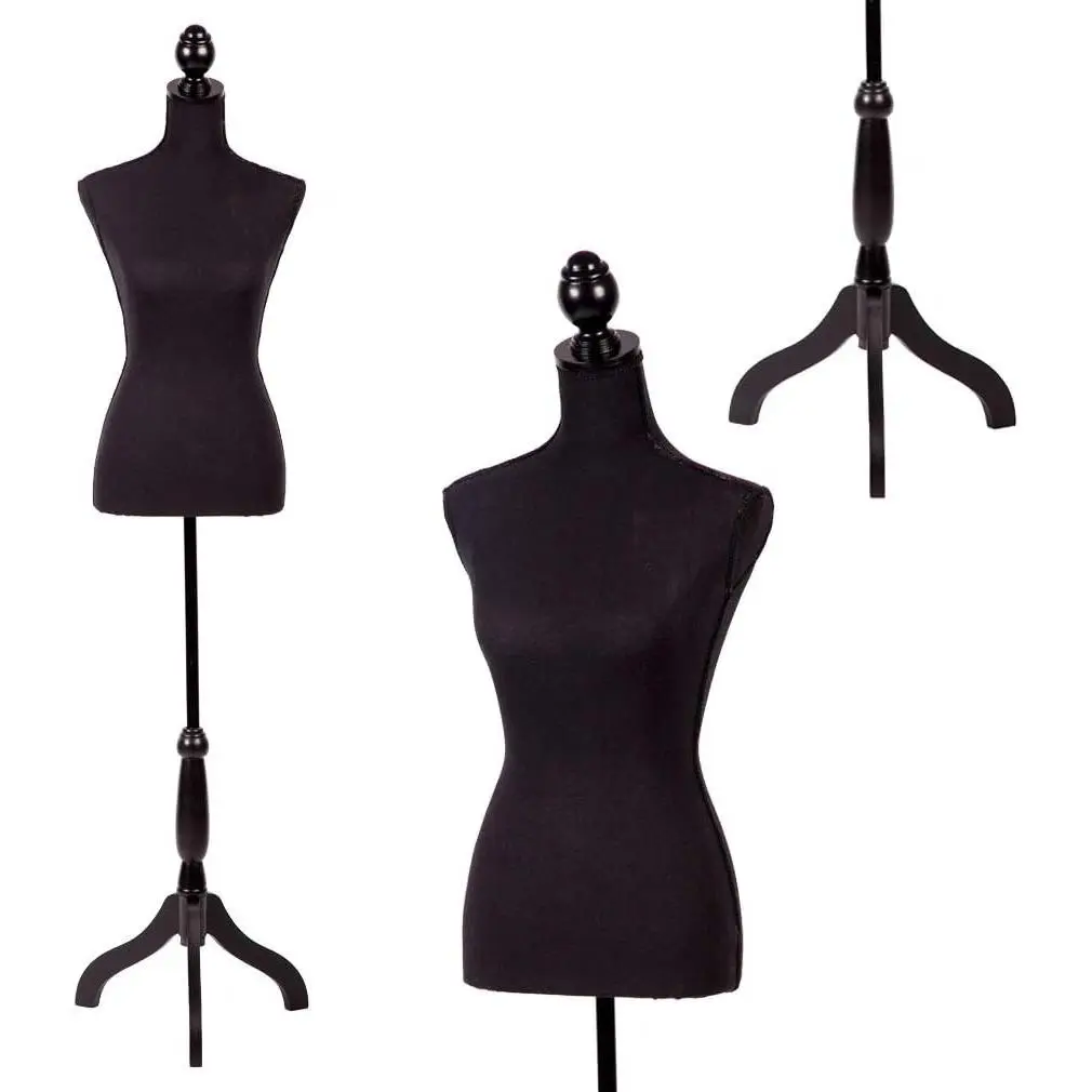 Manikin 60”-67”Height Adjustable Female Dress Model Display Torso Body Tripod Stand Clothing Forms (Black)
