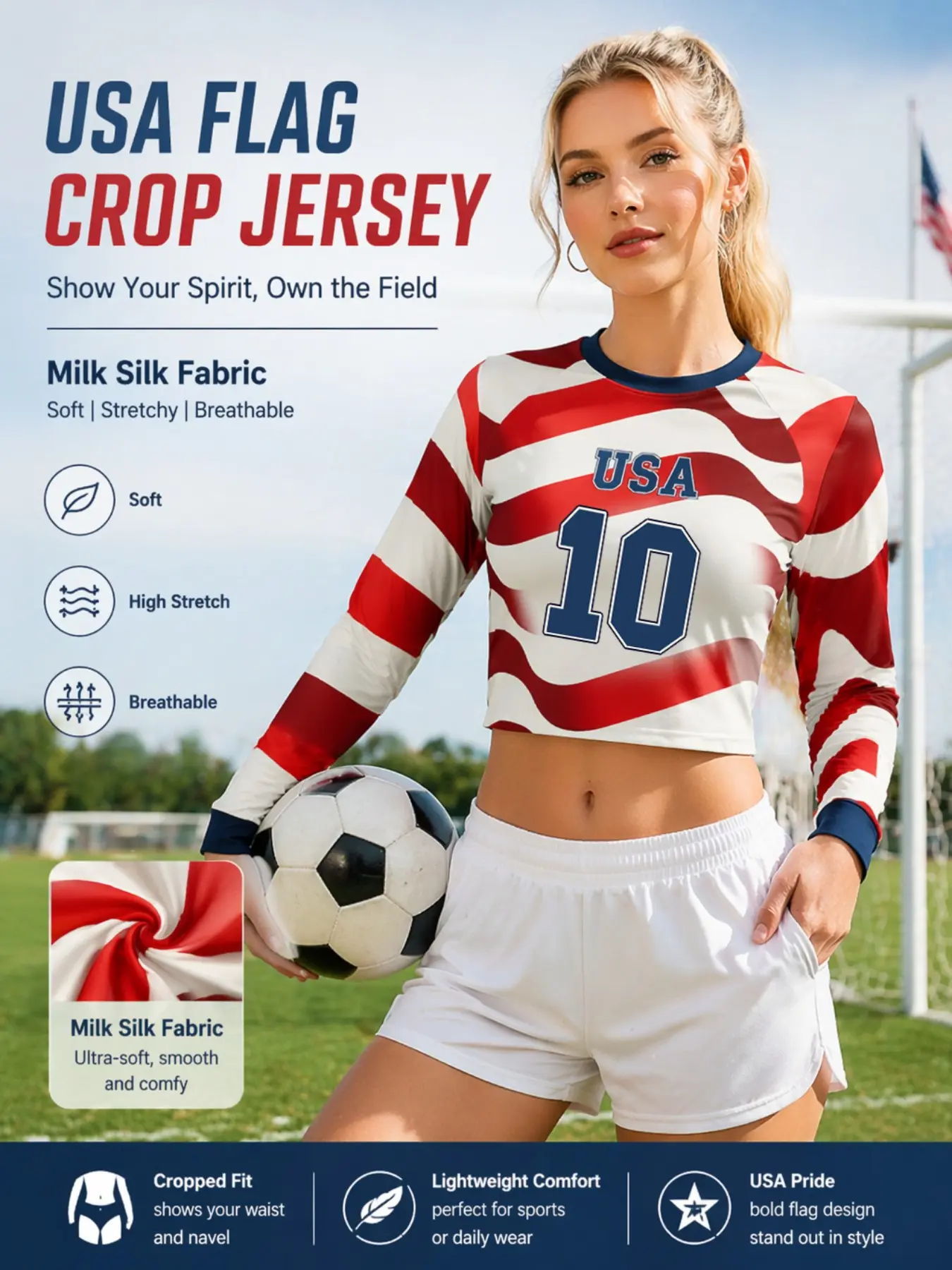 Women's Sporty Long Sleeve Jersey, Wave Pattern, Navy Trim, Round Neck, Loose Fit, Ideal for Sports Events and Daily Wear