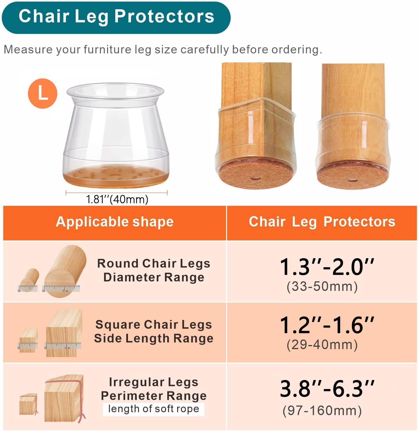 Silicone Chair Leg Floor Protectors, Silicone Felt Furniture Leg Pads Caps Covers for Hardwood Floors ,Rubber Chair Leg Protectors for Hardwood Floors