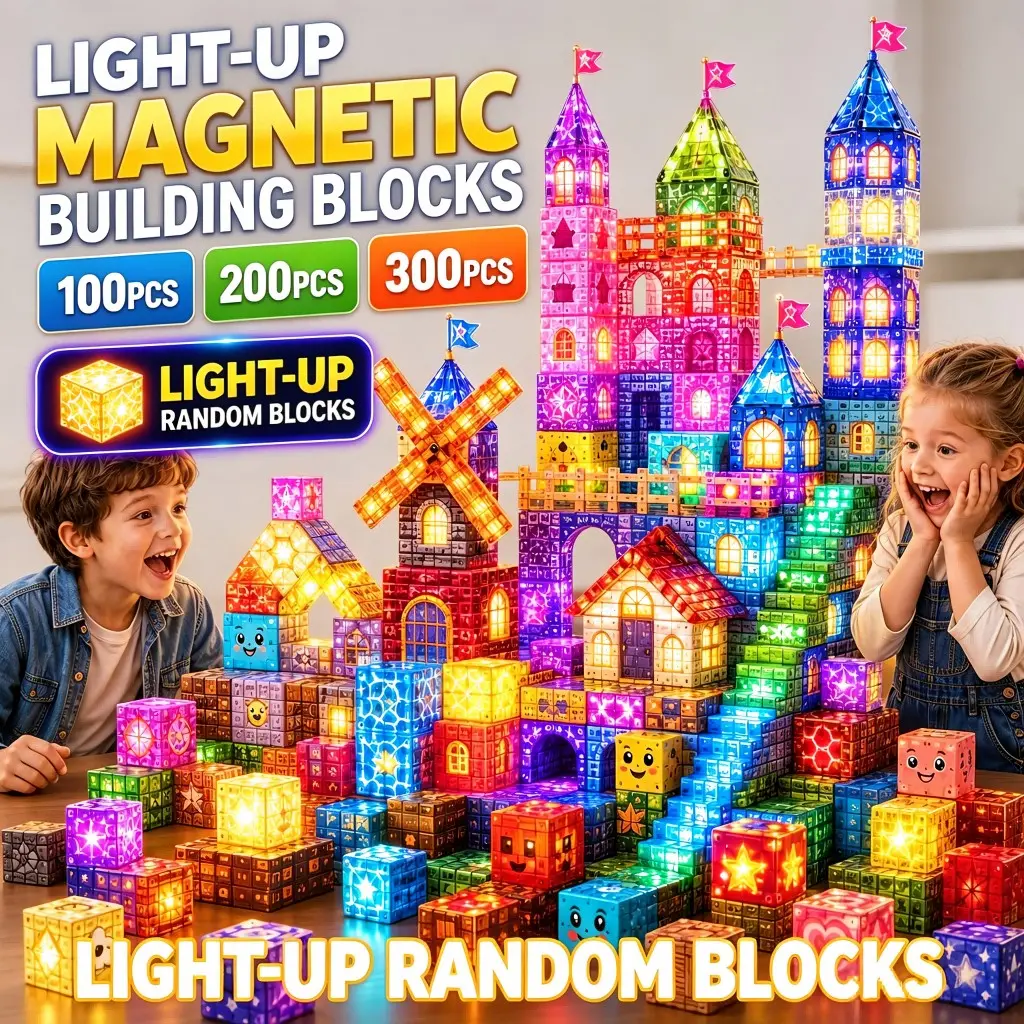 Magnetic Building Blocks, 100/200/300PCS Light-Up LED Magnetic Cubes, Strong Magnet STEM Sensory Construction Toy, Montessori Creative Stacking Blocks for Kids Ages 3+, Birthday Christmas Gift for Boys Girls