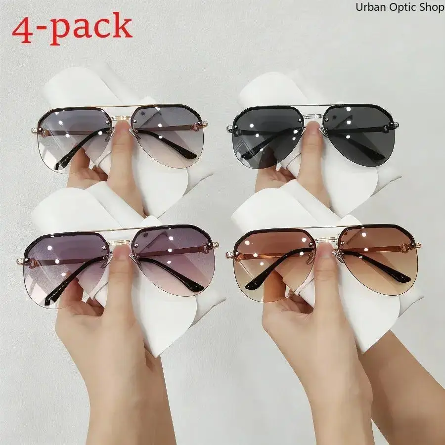 4-Pack Mixed-Style Women's Sunglasses, Retro Metallic Half-Rim with Double Beam Design, Lightweight Eyewear with UV400 Anti-Glare Protection for Driving & Beach Vacations, Womens Sunglasses