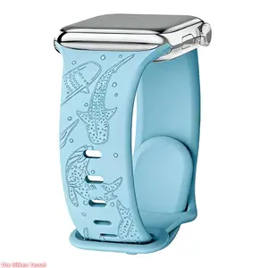 Ocean Themed Whale Laser Engraved Silicone Watch Band, Breathable Strap for Women, Fit for All Apple Watch Models (No watch) Smartwatch Accessories Smartwatch Compatible Bands Official Light Blue