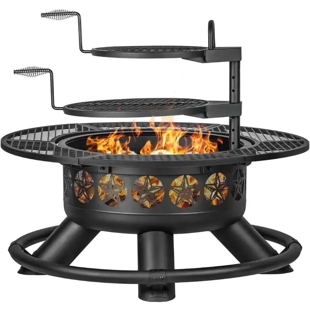 Outvue 47 Inch Outdoor Fire Pit with 2 Grills, Extra Large BBQ Firepits for Outside, Metal Round Fire pits with Lid&Fire Poker,3 in 1 Wood Burning Outdoor Fireplaces for Backyard,Patio,Bonfire