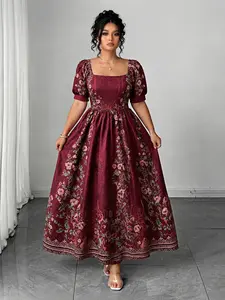 Plus Size Bohemian A-Line Dress, Short Sleeve Lightweight Long Dress, Waist Cinch Design, Four-Season Fit, Casual to Festival Wear