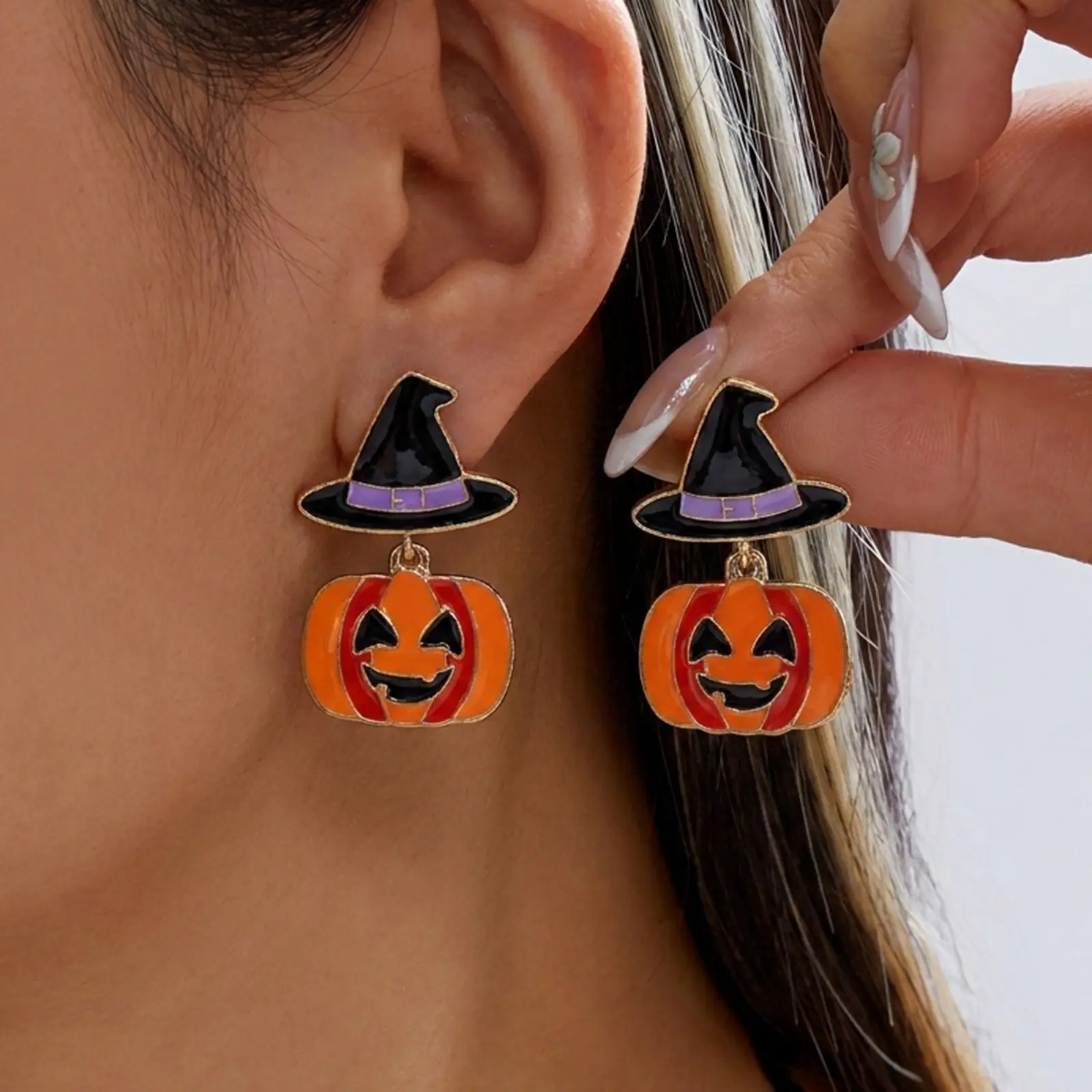 Women's Halloween Enamel Finish Costume Jewelry, Black Witch Hat-Orange Jack O' Lantern Dangle Earrings for Holiday Party Female Wear (1 Pair),back to school,back to school haul
