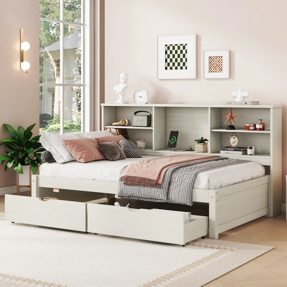 Twin Daybed with Storage Drawers and USB Charging Station, Wooden Daybed Frame with Side Bookshelf, Platform Bed with 2 Storage Drawers and Type C Port, Space Saving Furniture for Bedroom Guest Room, Cream White/Natural Color
