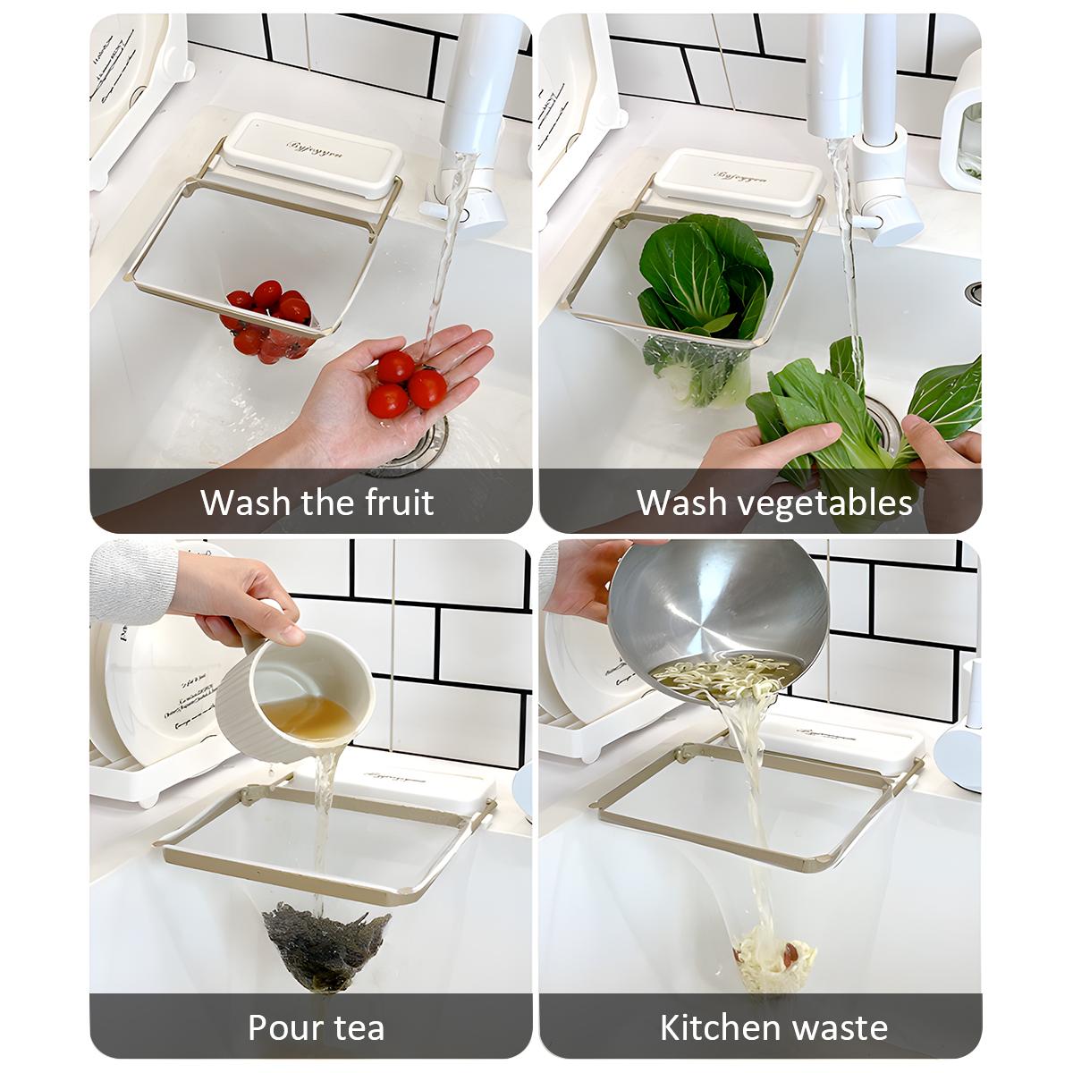 Foldable Kitchen Sink Filter Basket, 100 Disposable Mesh Bags, Rotatable Food Waste Disposal Gadget (White)