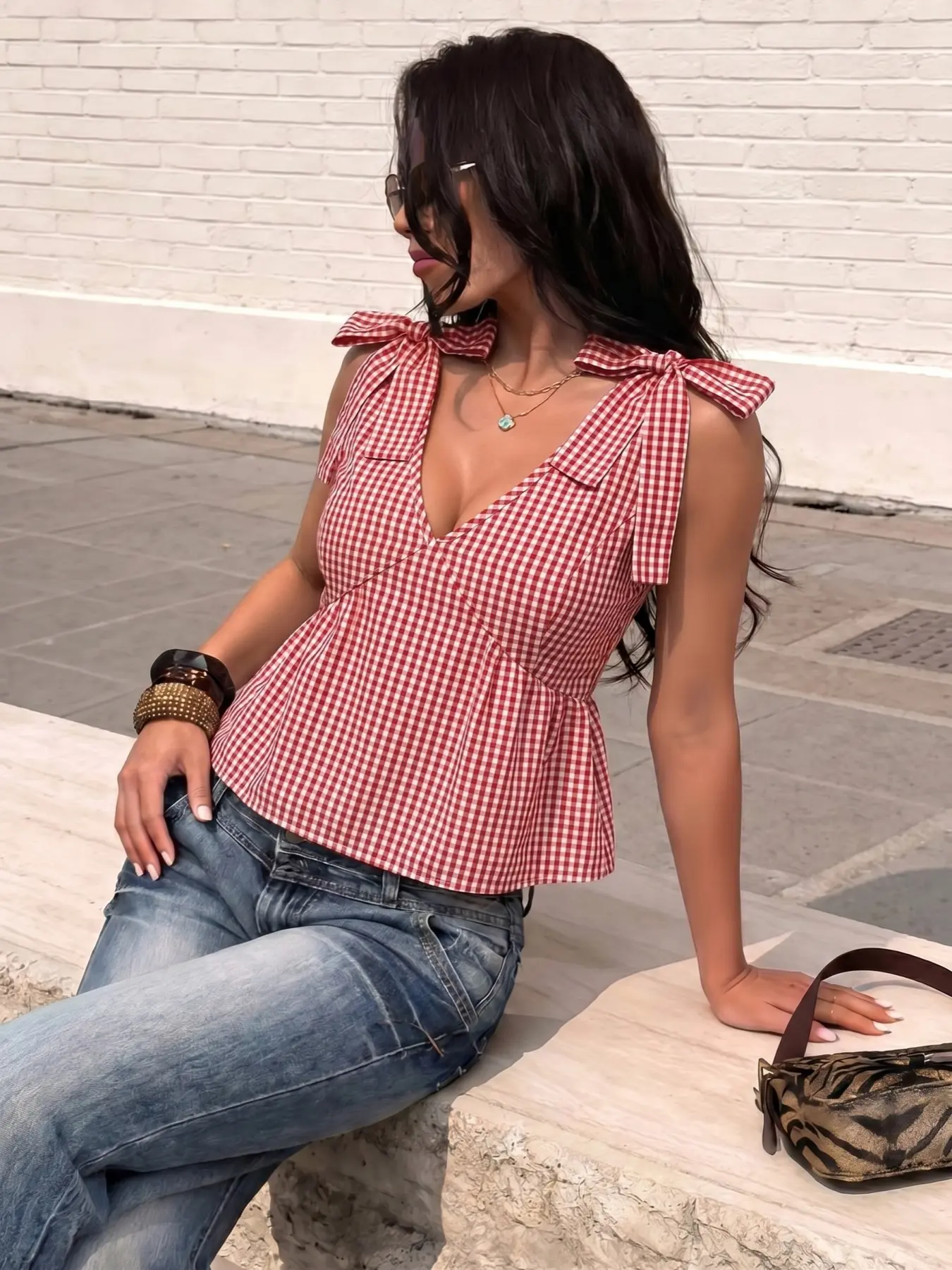 Women's Elegant Plaid Lace-Up Shirt Blouse, Sleeveless Fitted A-Type Backless Top, Sweet & Spicy Aesthetic Chic Style, Summer Everyday Casual Wear, Retro Vacation