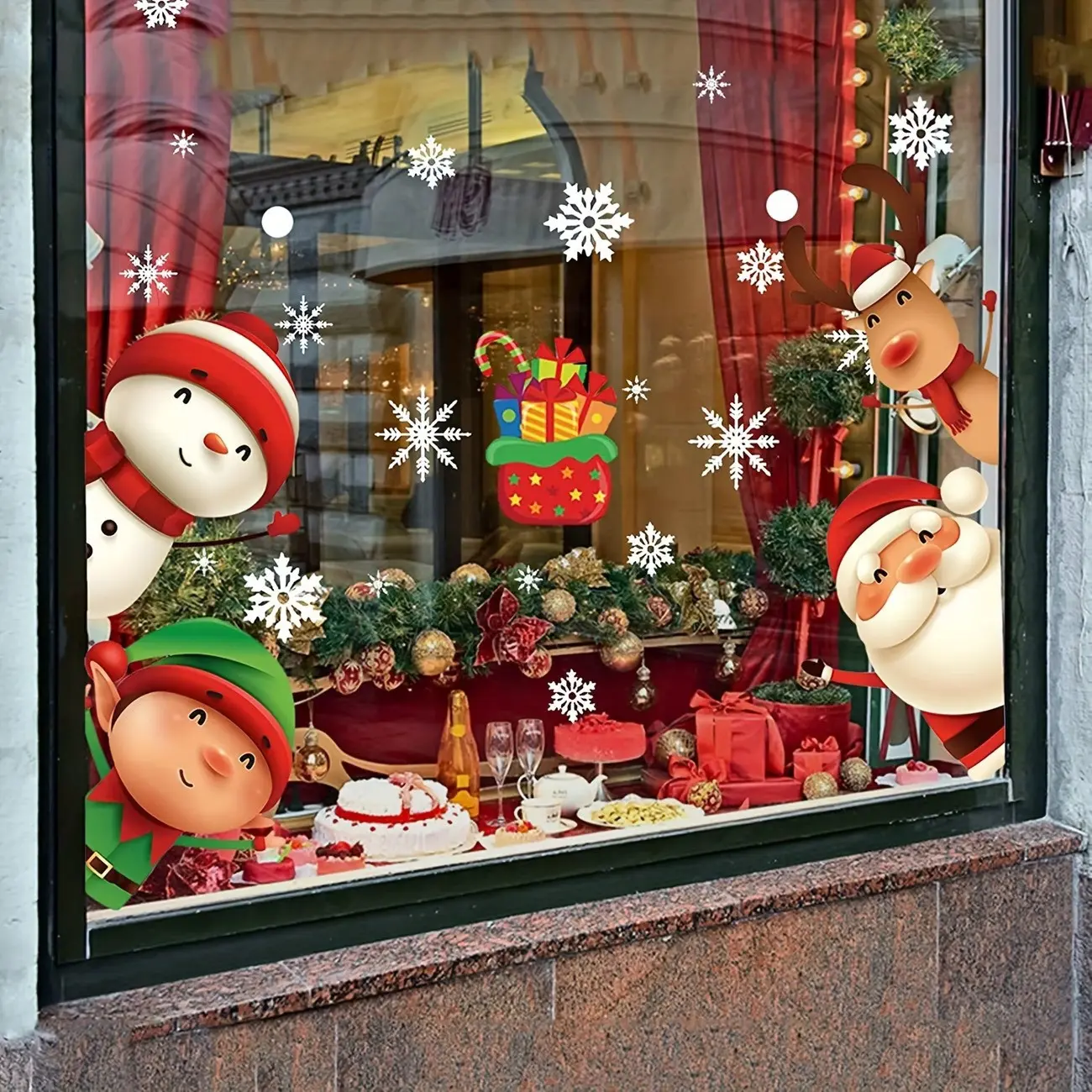 Christmas Window Stickers, Santa Claus, Reindeer, Snowman, Snowflake Patterns, Double-Sided PVC Glass Decals, Indoor Outdoor Use, Residue-Free Holiday Decor