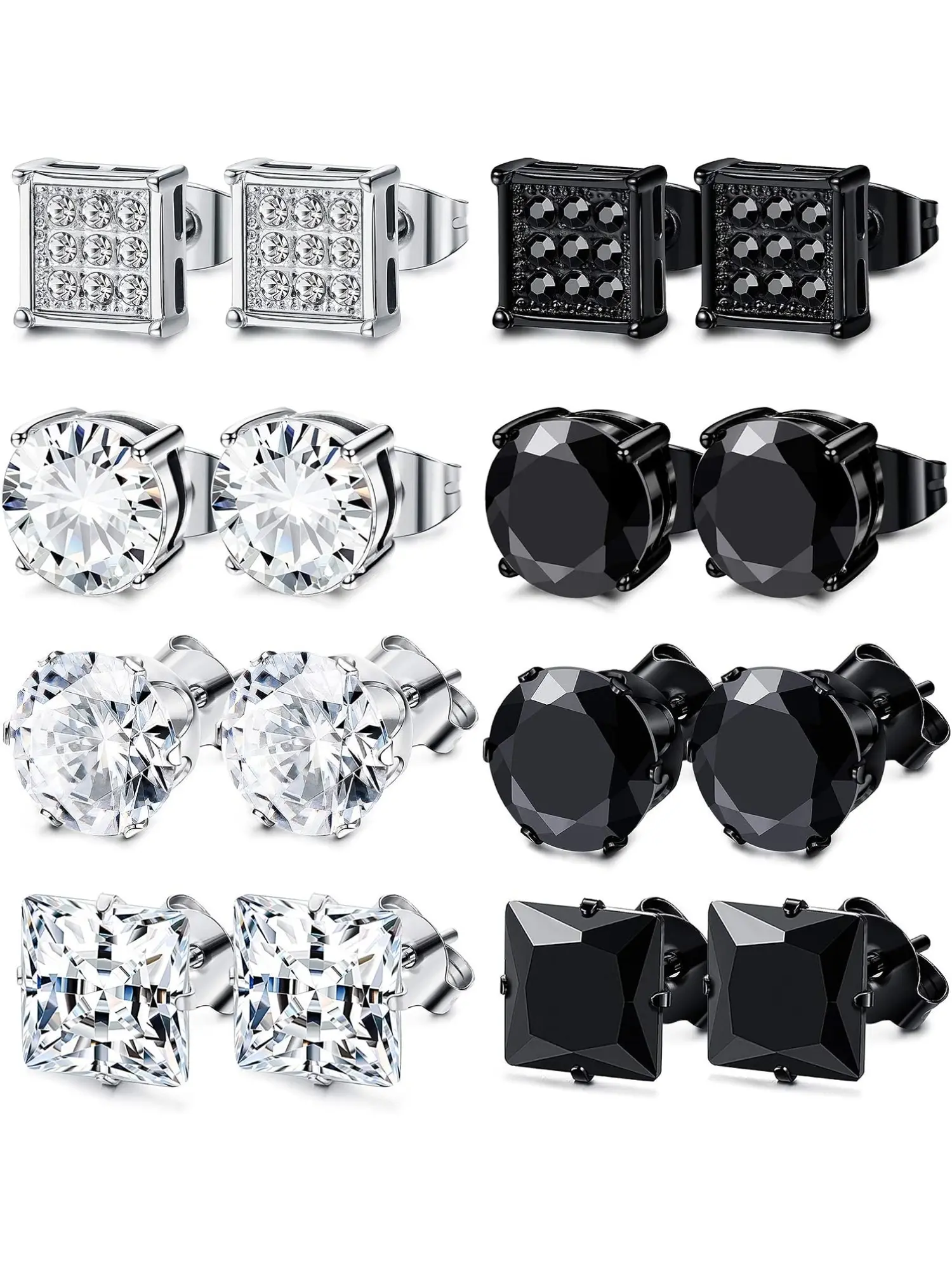8 Pairs Stainless Steel Stud Earrings for Men Women, Silver & Black Square Cubic Zirconia Studs, Hypoallergenic 8MM Small Piercing Jewelry for Daily Street Wear