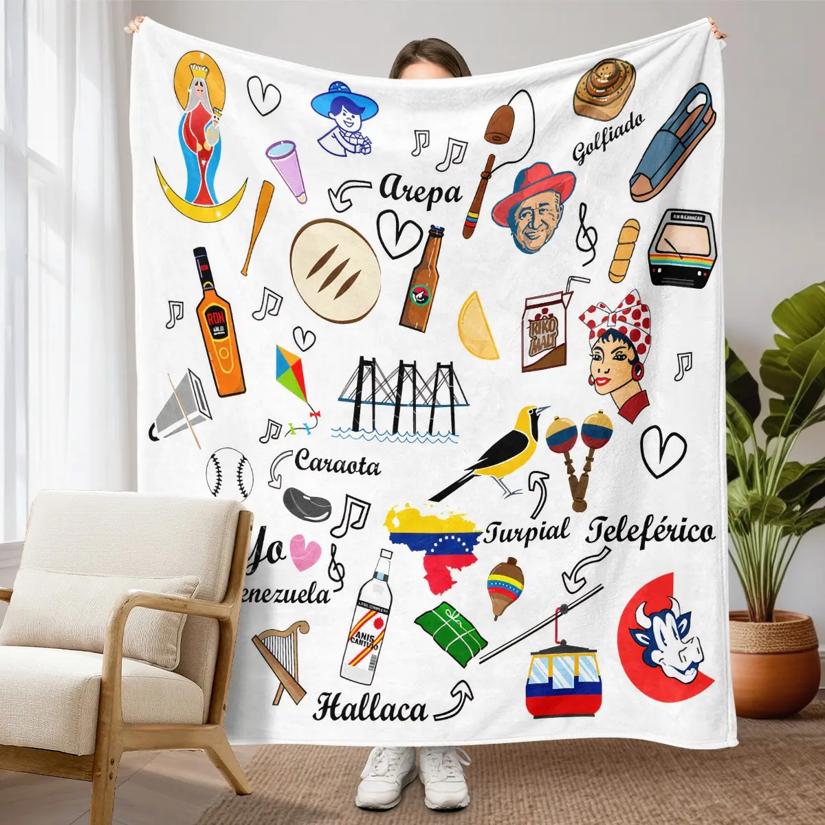 Venezuela Culture Flannel Blanket, Flannel Printed Blanket, Venezuela Map, Arepa, Hallaca, Joropo Music, Maracas, Cable Car, Traditional Food & Landmark Collage, Soft Fleece Blanket for Sofa Bed Couch Office Camping Travel, Christmas Independence Day Gift
