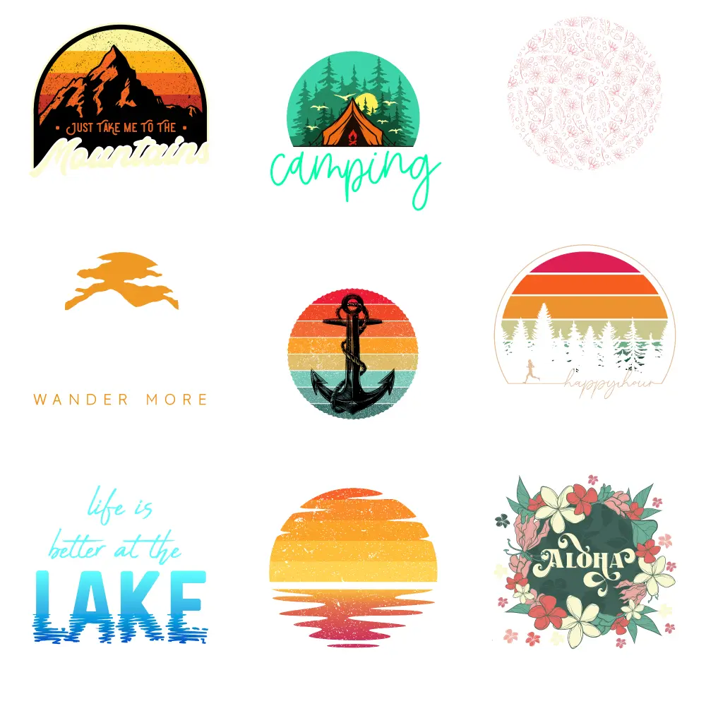 9 Pcs Retro Floral Unisex DTF Transfers - Iron-On Paper for Clothing, T-Shirts, Jeans, Hoodies & DIY Crafts, Featuring Mountain Sunset, Wander More Anchor, Happy Hour, Lake Life & Aloha Flowers Designs (Casual Style)