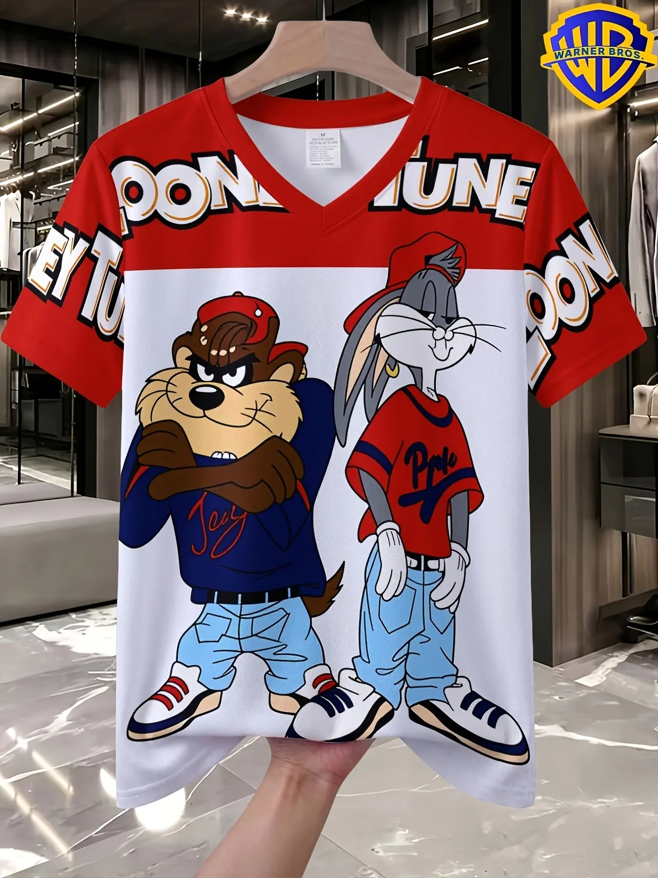 Warner Bros. Looney Tunes Digital Print T-Shirt, Unisex V-Neck Short Sleeve, Fitted Long Tee, Casual Streetwear, Essential Fashion