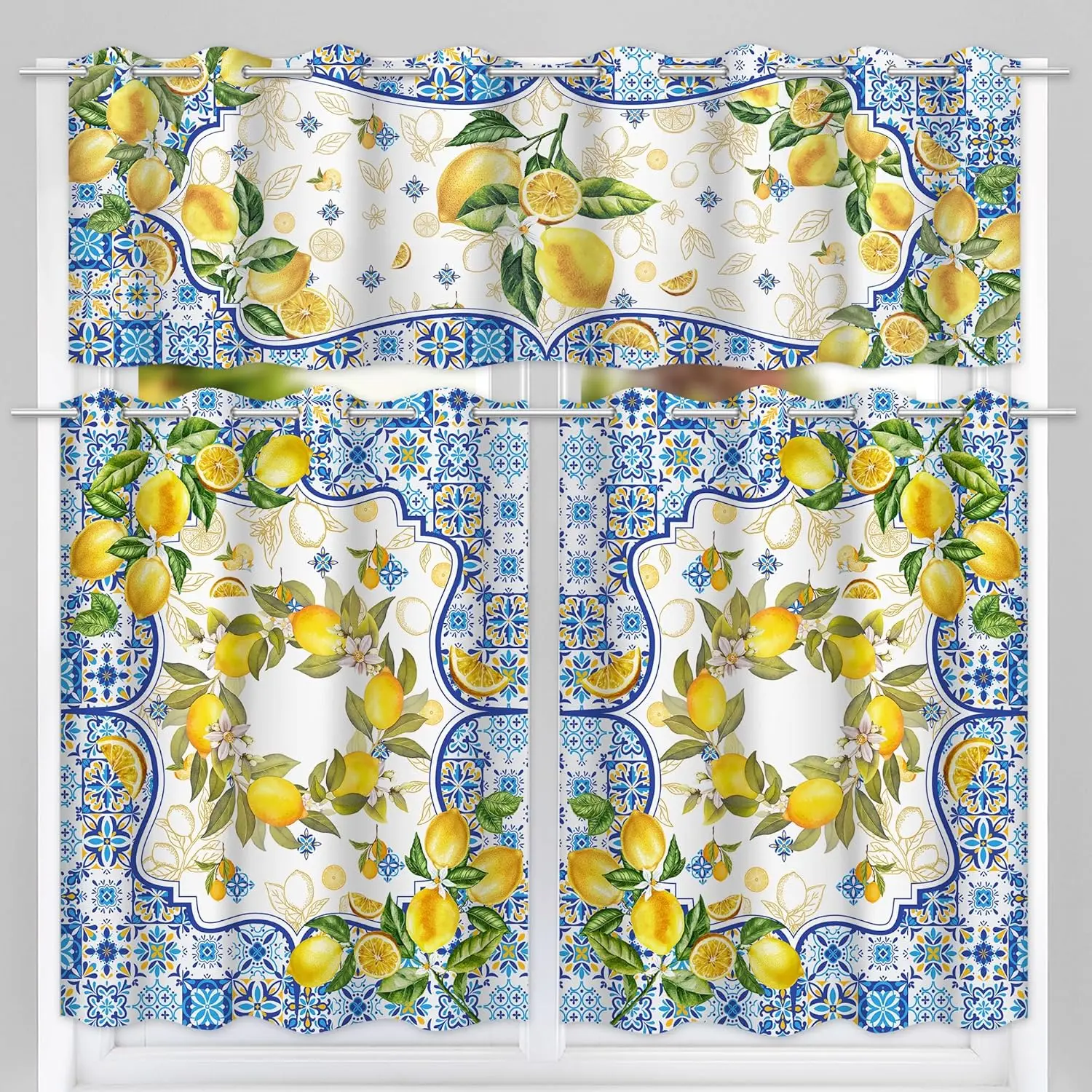 Mediterranean Kitchen Curtains, Yellow and Blue Summer Curtain Sets for Windows,  Sunshine Window Curtains Over Sink and Valances Set of 3, Seasonal Decorations for , 54”x24”