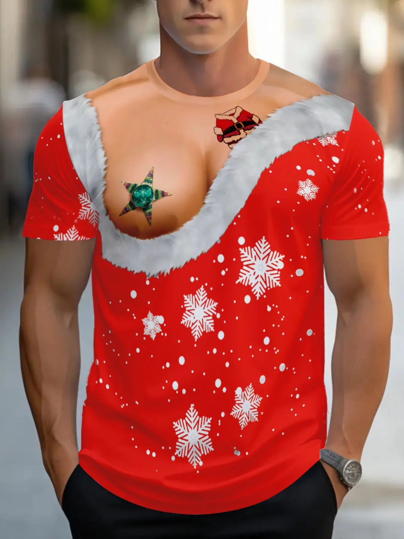 Men's Creative Abdominal Muscle Swimwear Printed Top, Casual Slim-Fit Short Sleeve Undergarment, Trendy Party Wear, Eye-Catching Design
