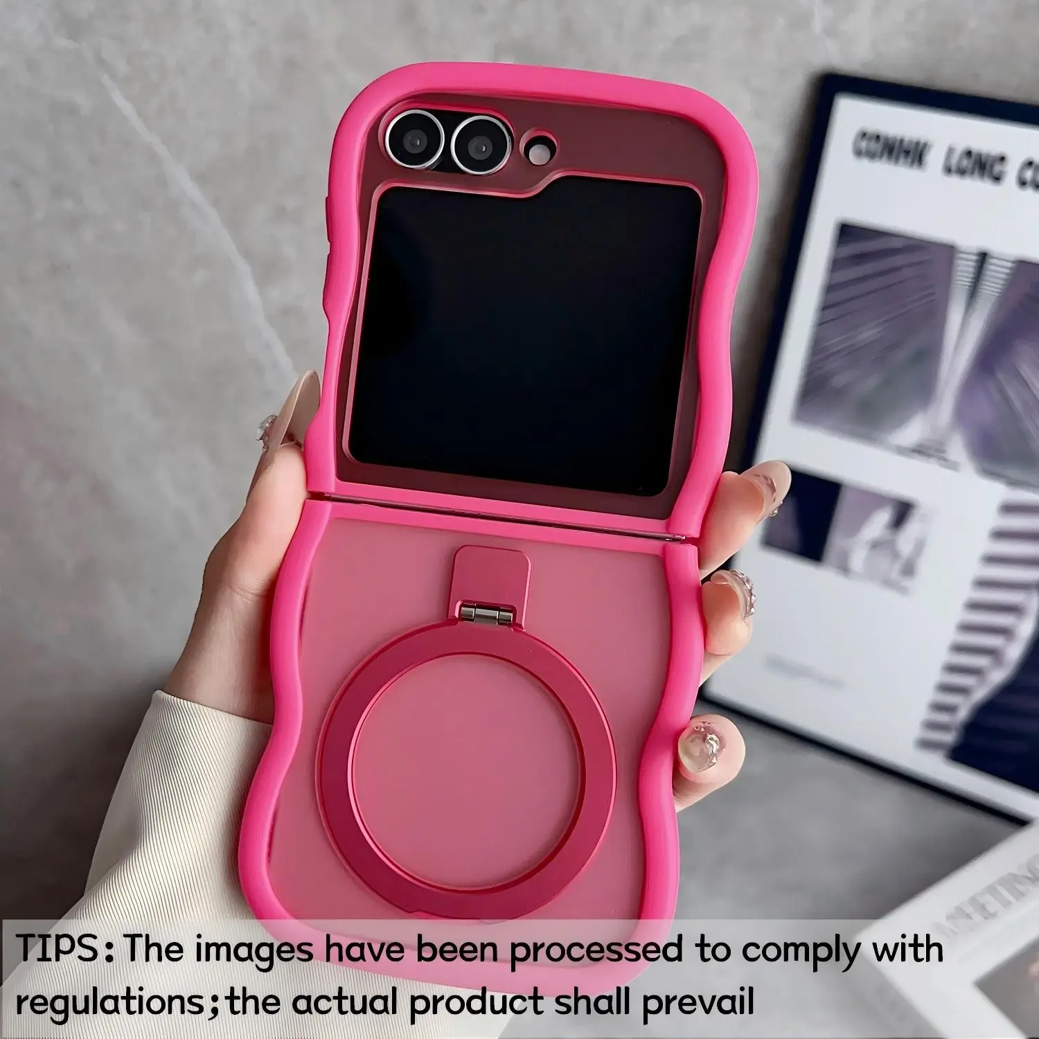 Large Wave Fixed Magnetic Suction Bracket Phone Case Cover, Aesthetic, magnetic suction supports wireless charging, suitable for Samsung Galaxy Z Flip 7/6/5/4/3, wave design with drop-proof protection