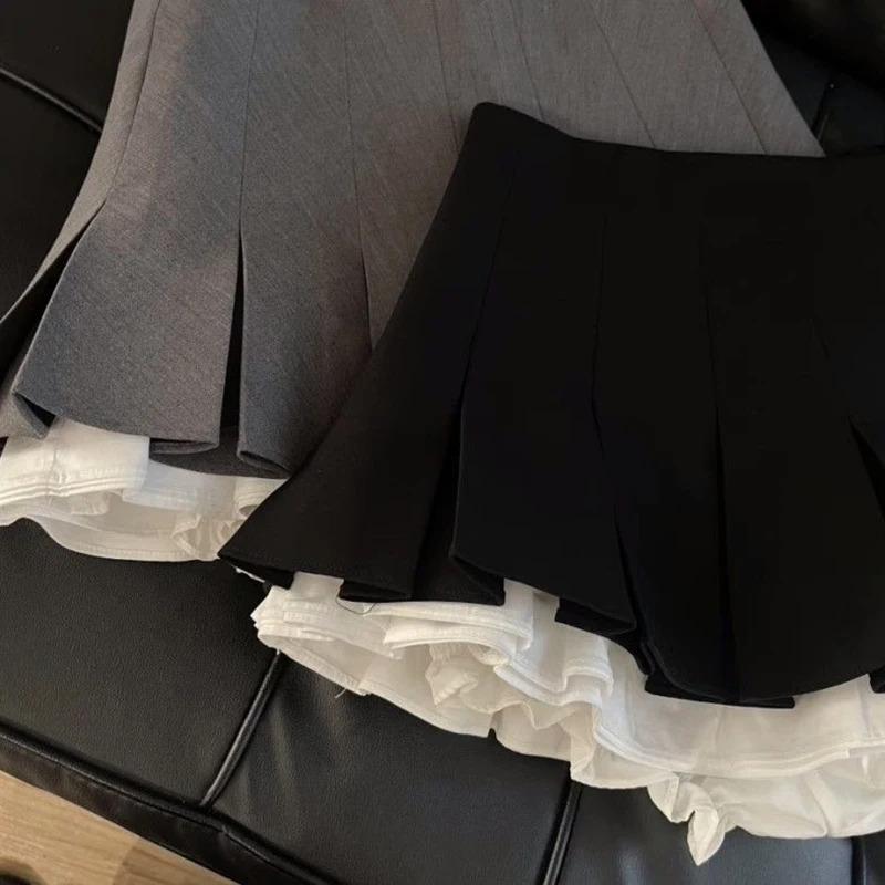 Ruffles Black Mini Skirt Women Korean Patchwork Pleated Skirts Japanese Kawaii High Waist All Match A Line Skirt