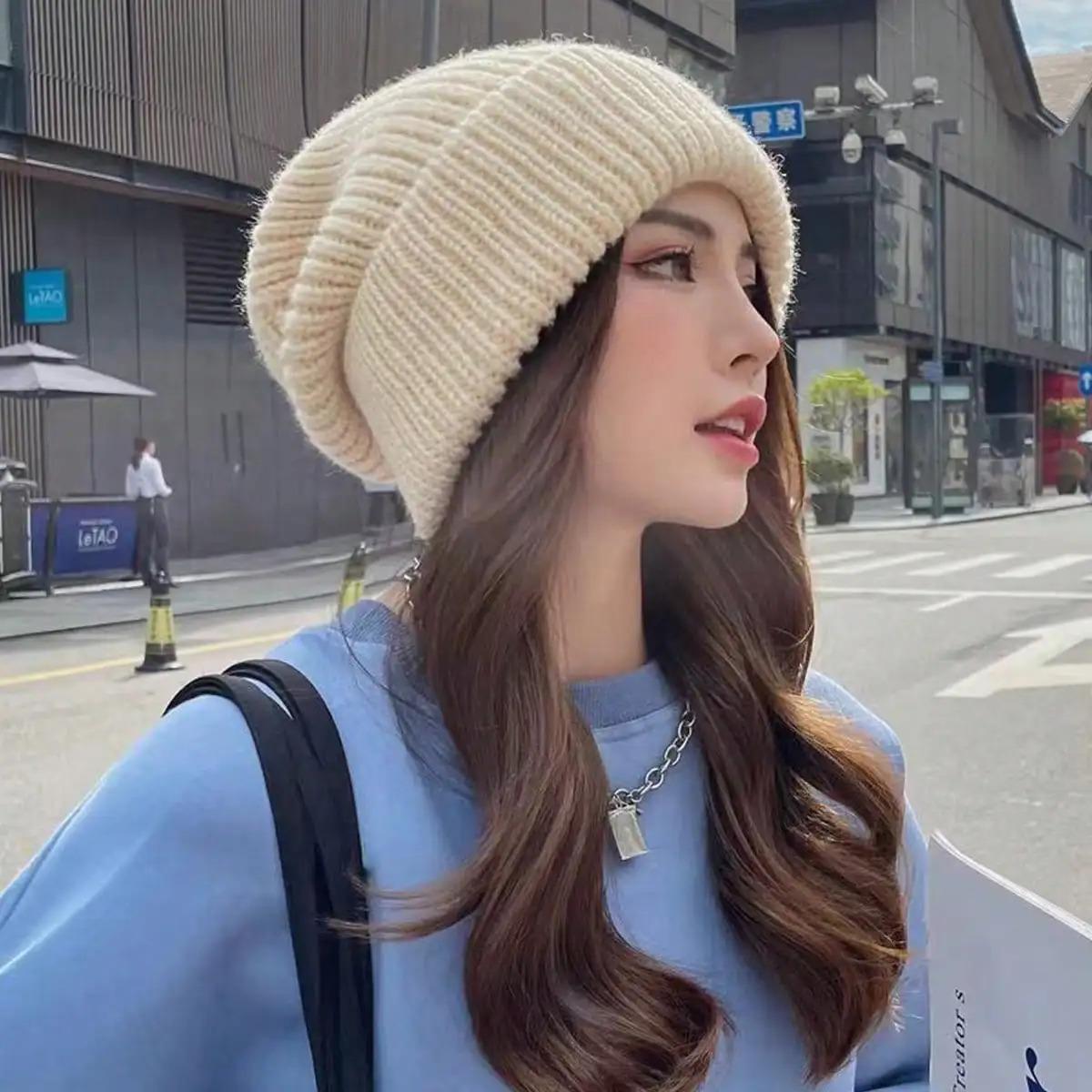 Women Style Solid Color Thick Knit Pile Hat, Knitted Hat for Fall and Winter, Warm and Ear Protection, Loose and Casual Cold Hat