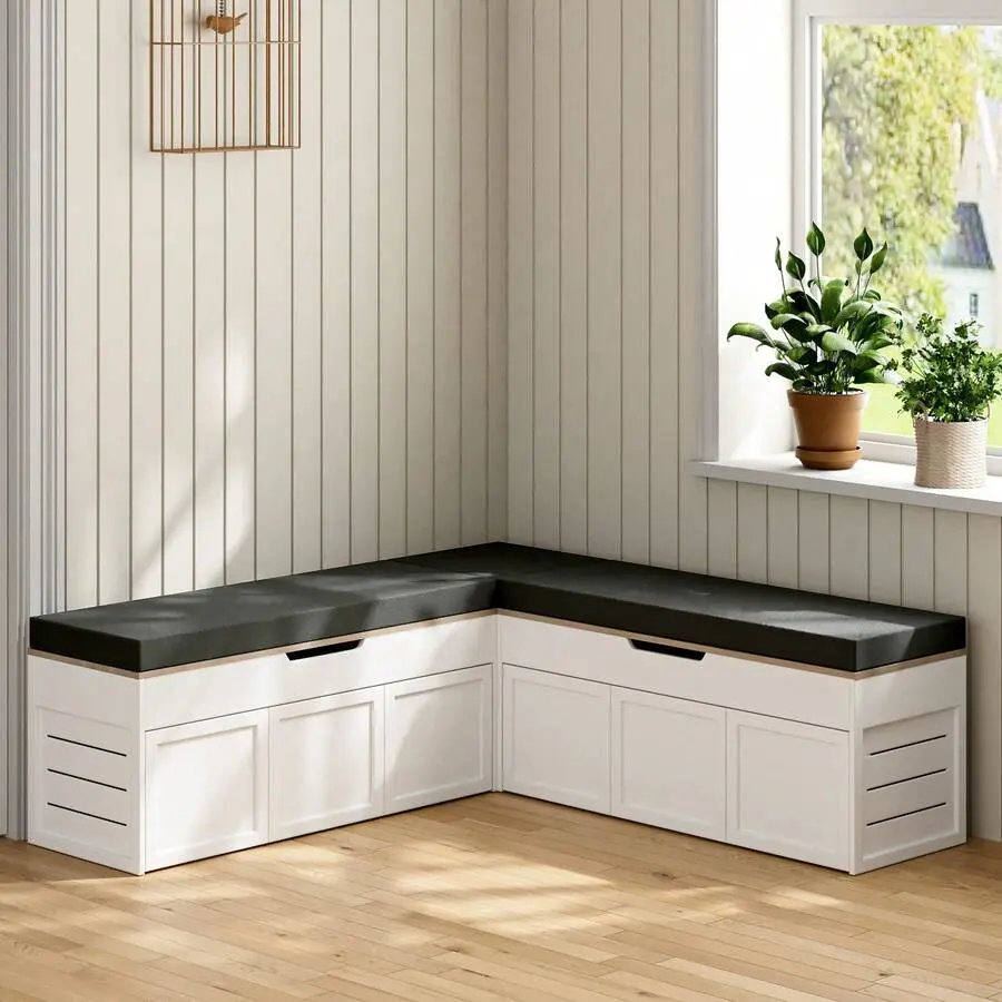 L-Shaped Corner Storage Bench, Backless Wood Bench With Hidden Storage, Dining Nook, Entryway & Mudroom (Dark Gray Cushion)